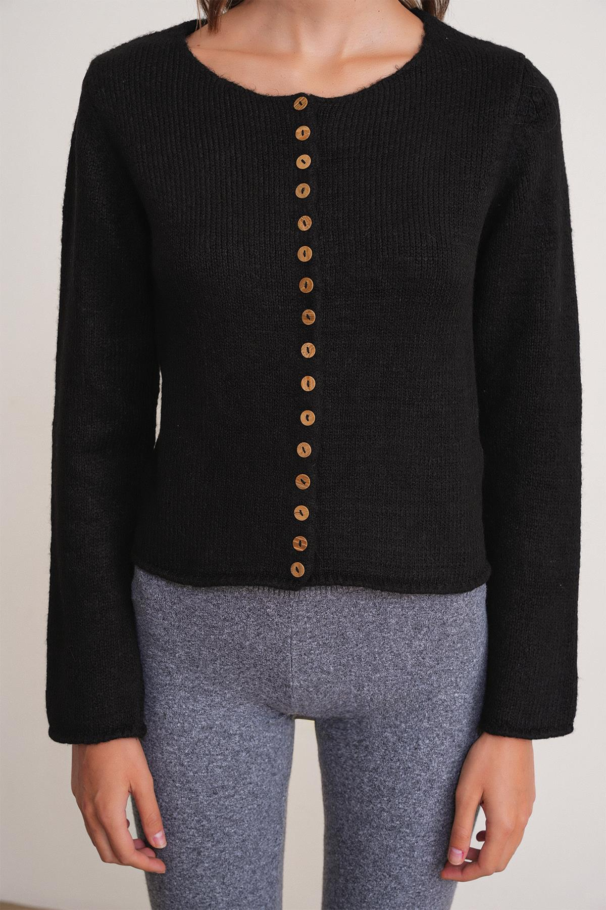 6957 Kadın Düğmeli Bisiklet Yaka Triko Hırka Siyah