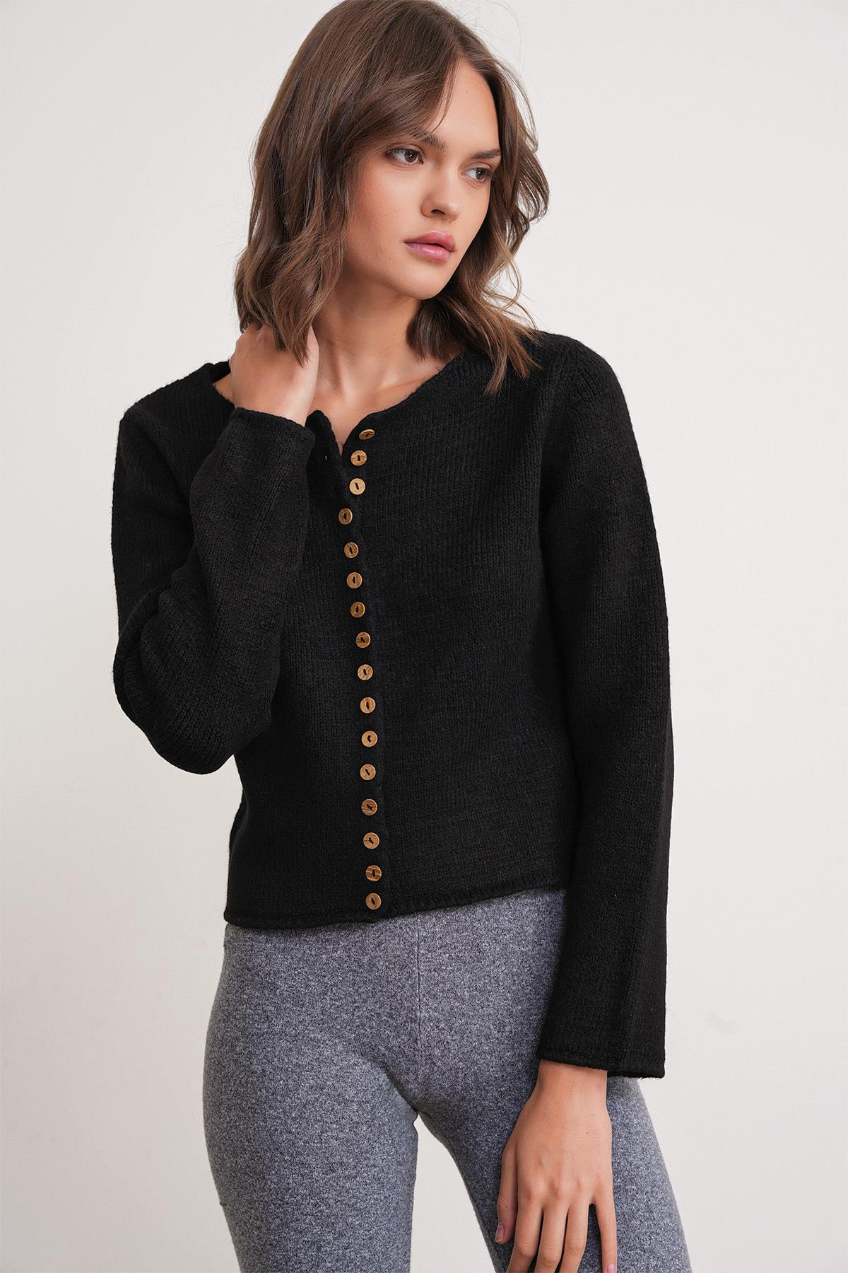 6957 Kadın Düğmeli Bisiklet Yaka Triko Hırka Siyah