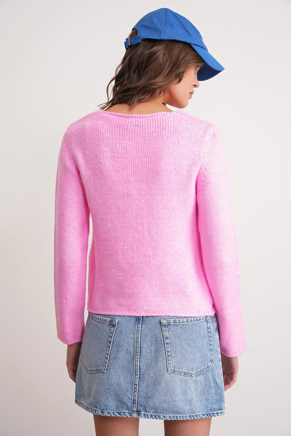 6957 Kadın Düğmeli Bisiklet Yaka Triko Hırka Pembe