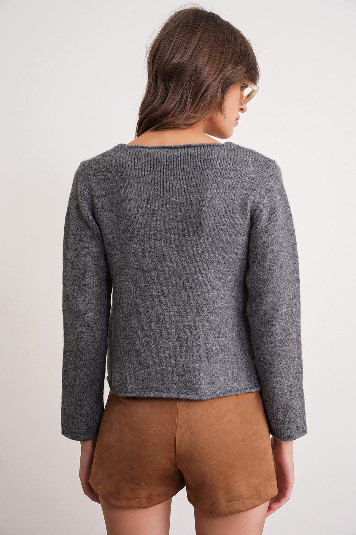 6957 Kadın Düğmeli Bisiklet Yaka Triko Hırka Antrasit