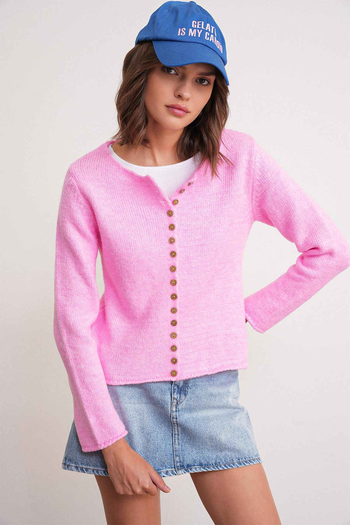 6957 Kadın Düğmeli Bisiklet Yaka Triko Hırka Pembe