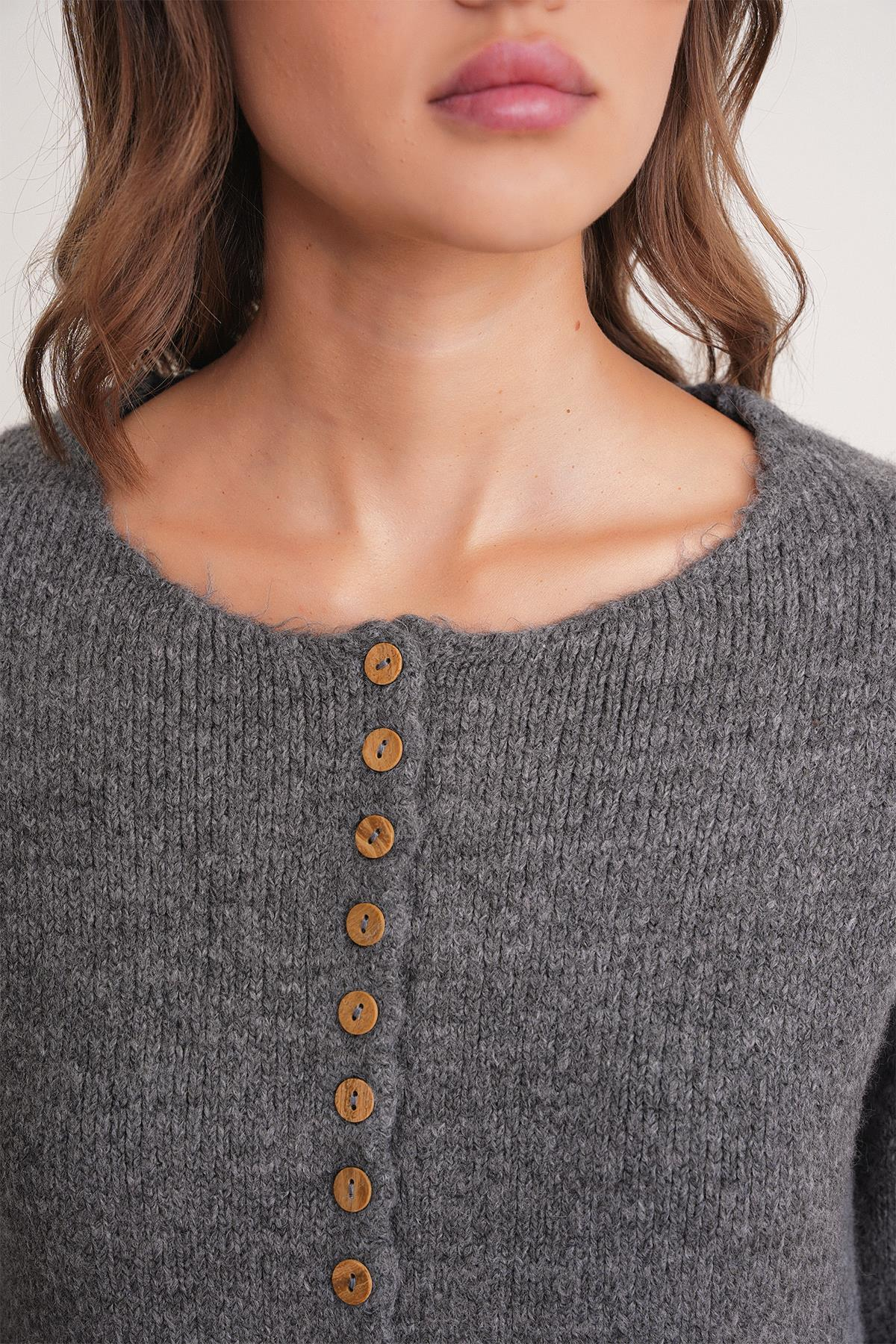 6957 Kadın Düğmeli Bisiklet Yaka Triko Hırka Antrasit