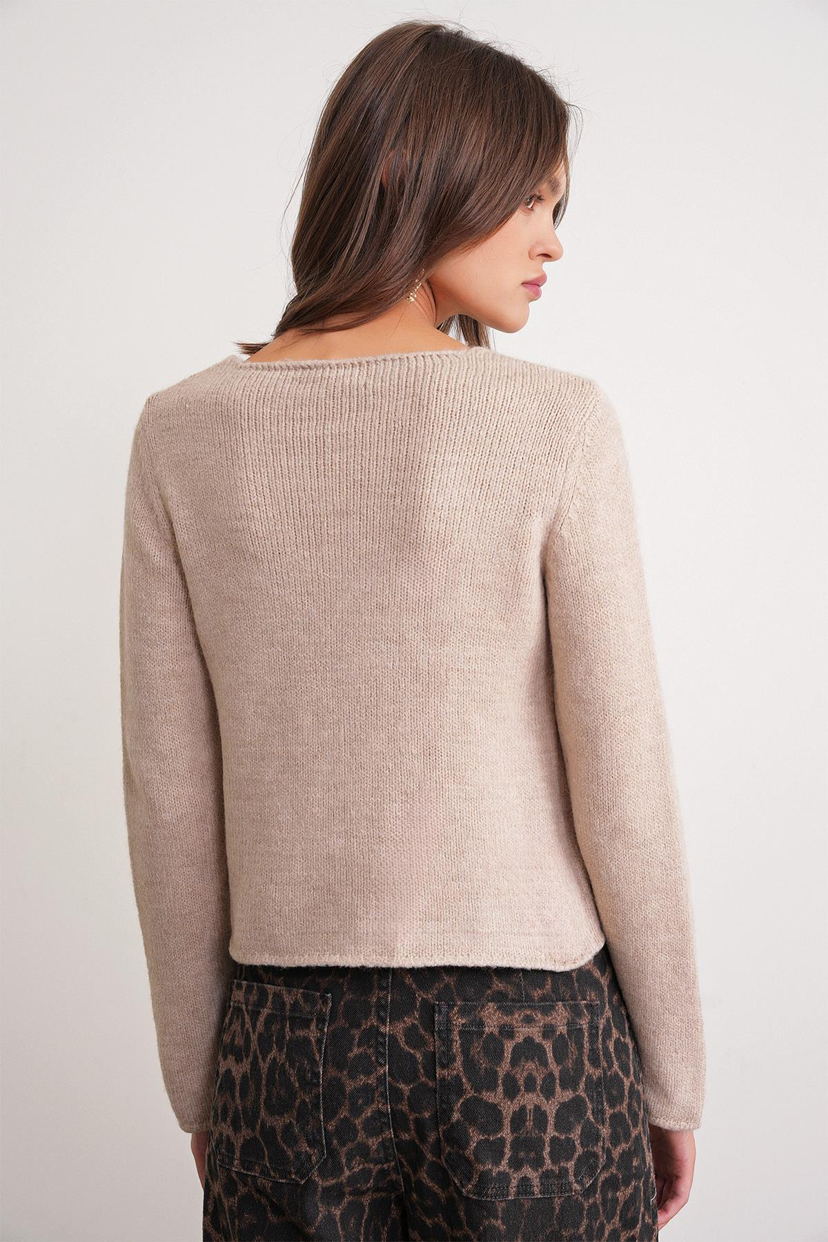 6957 Kadın Düğmeli Bisiklet Yaka Triko Hırka Bej