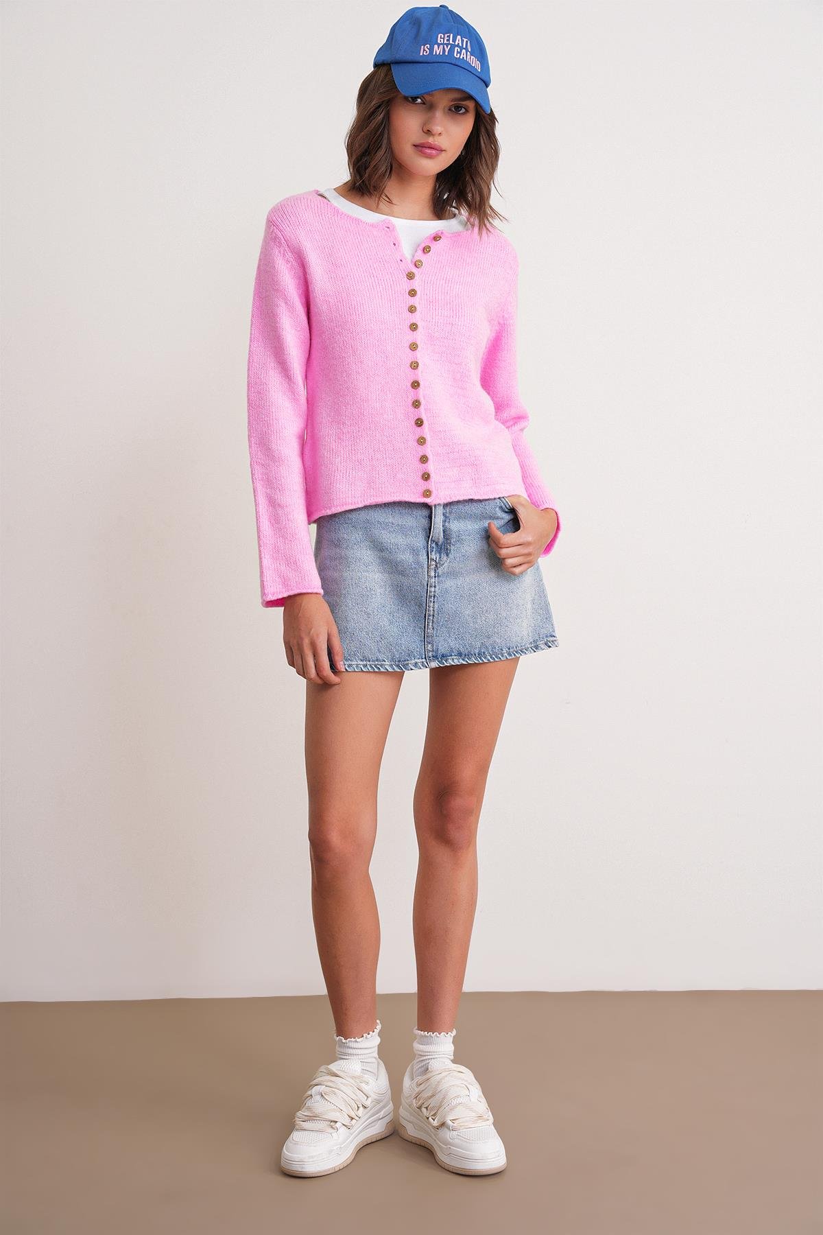 6957 Kadın Düğmeli Bisiklet Yaka Triko Hırka Pembe