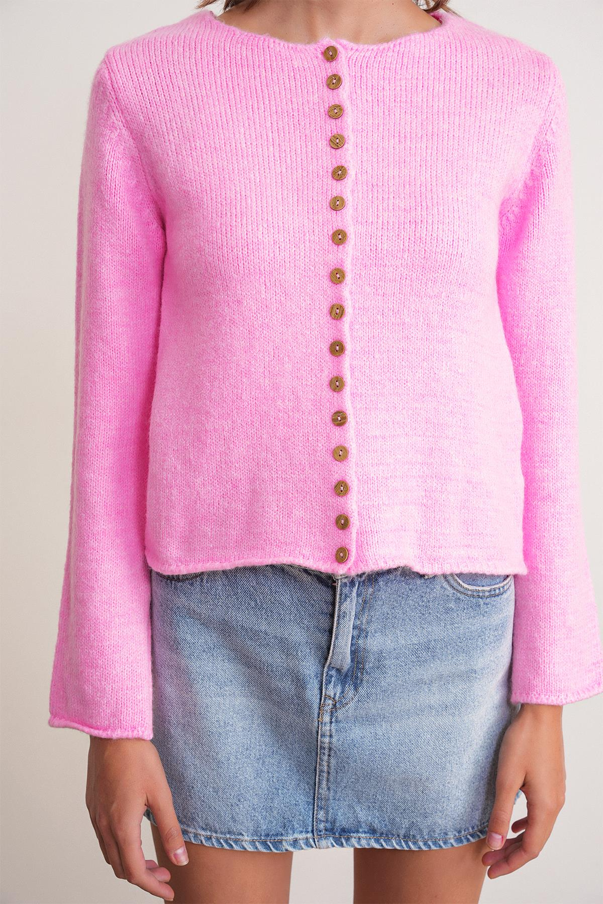 6957 Kadın Düğmeli Bisiklet Yaka Triko Hırka Pembe