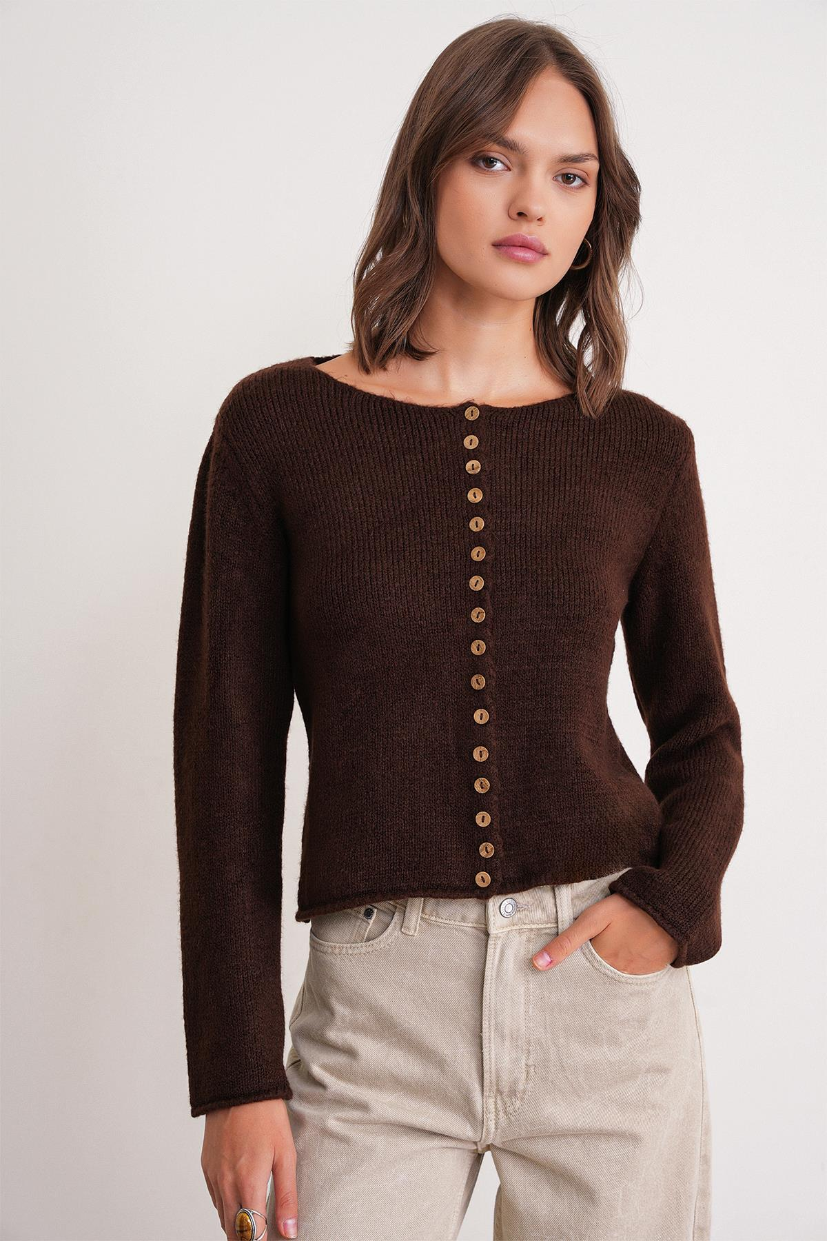 6957 Kadın Düğmeli Bisiklet Yaka Triko Hırka Kahve