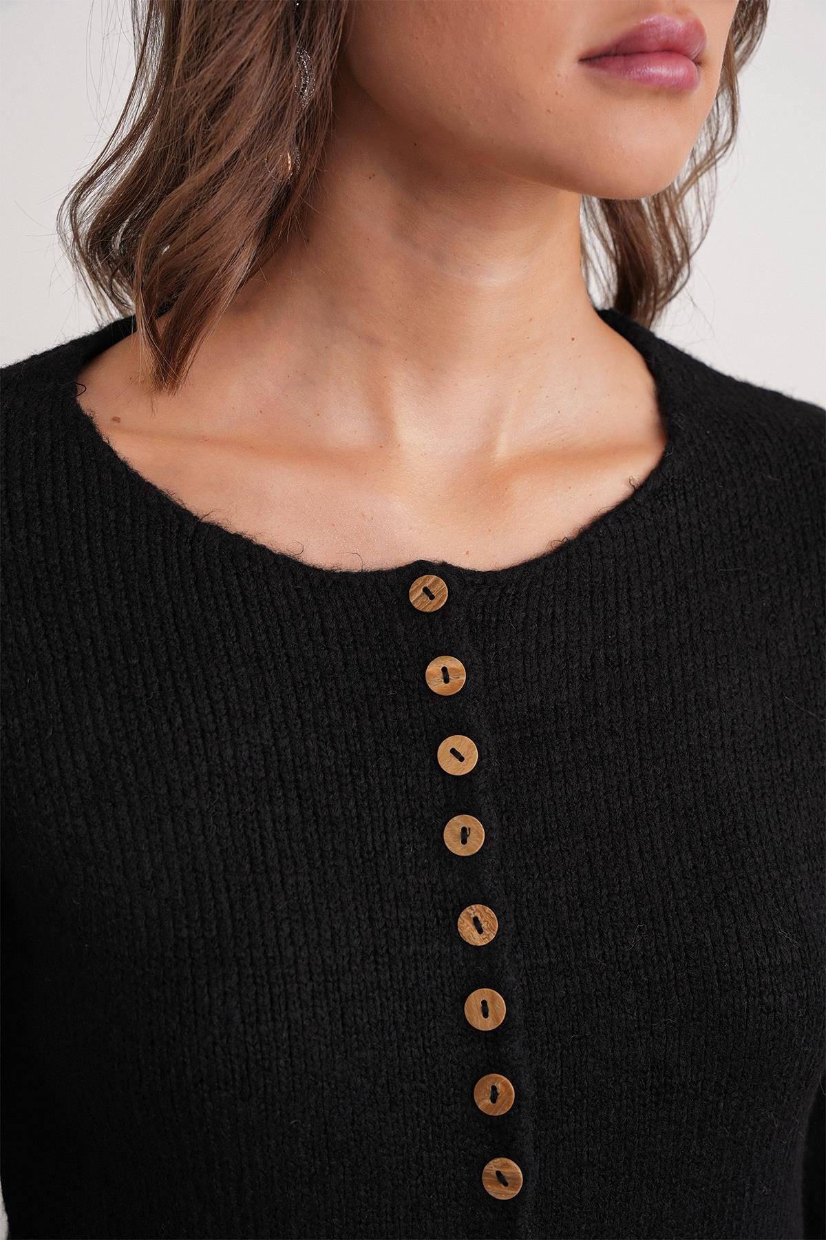 6957 Kadın Düğmeli Bisiklet Yaka Triko Hırka Siyah