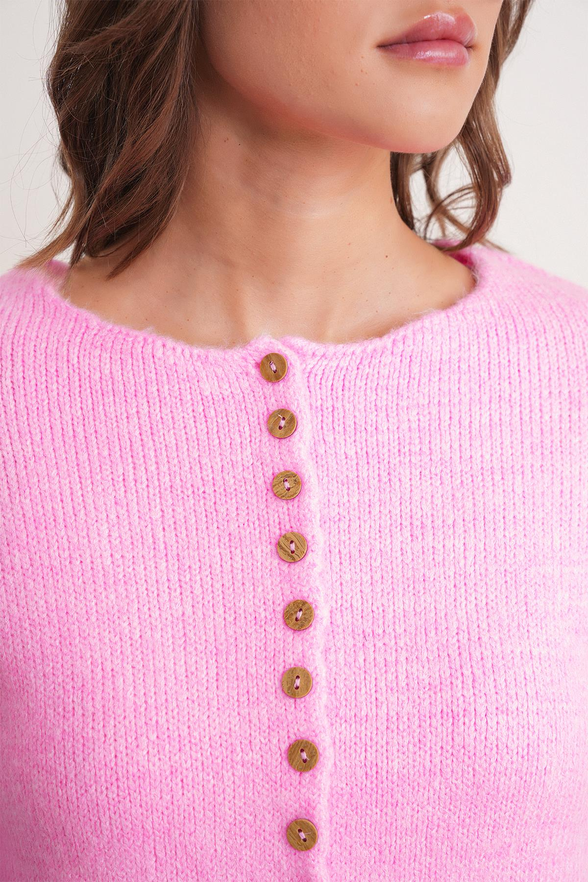 6957 Kadın Düğmeli Bisiklet Yaka Triko Hırka Pembe