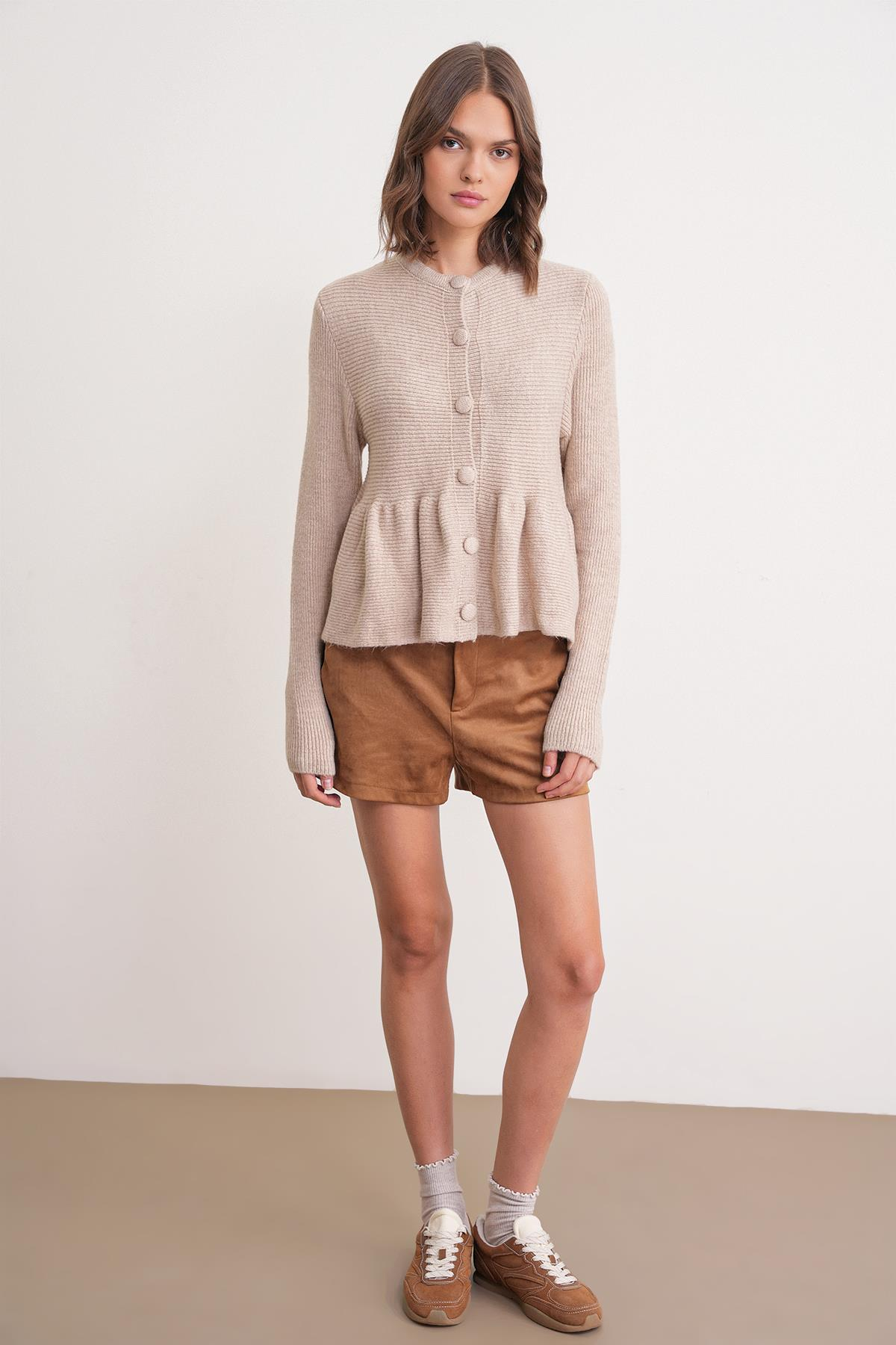 6958 Kadın Triko Peplum Hırka Bej