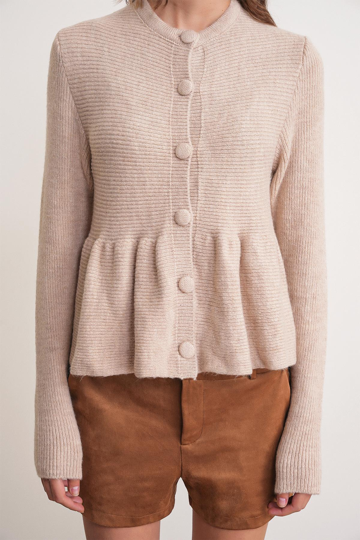 6958 Kadın Triko Peplum Hırka Bej