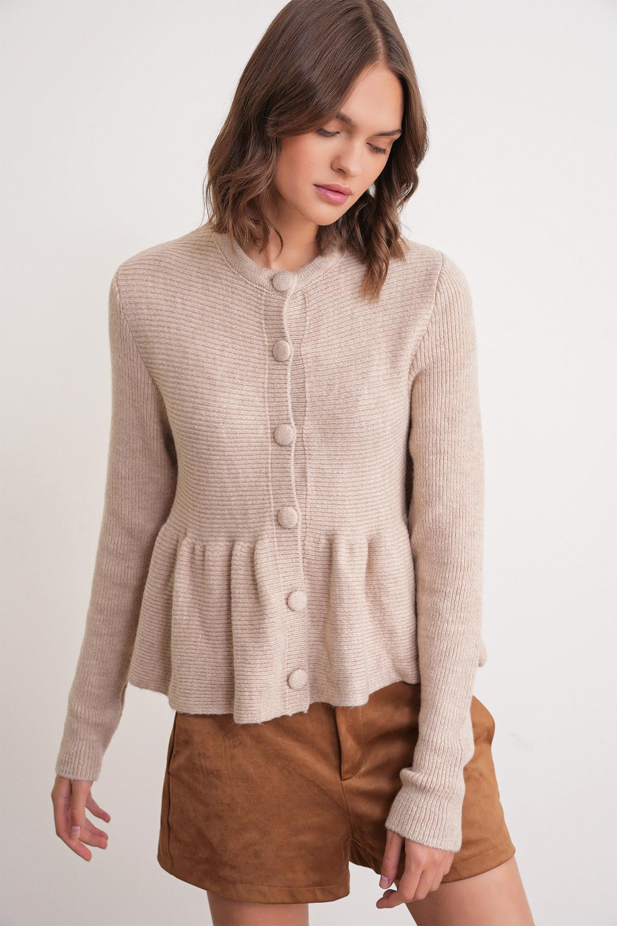 6958 Kadın Triko Peplum Hırka Bej