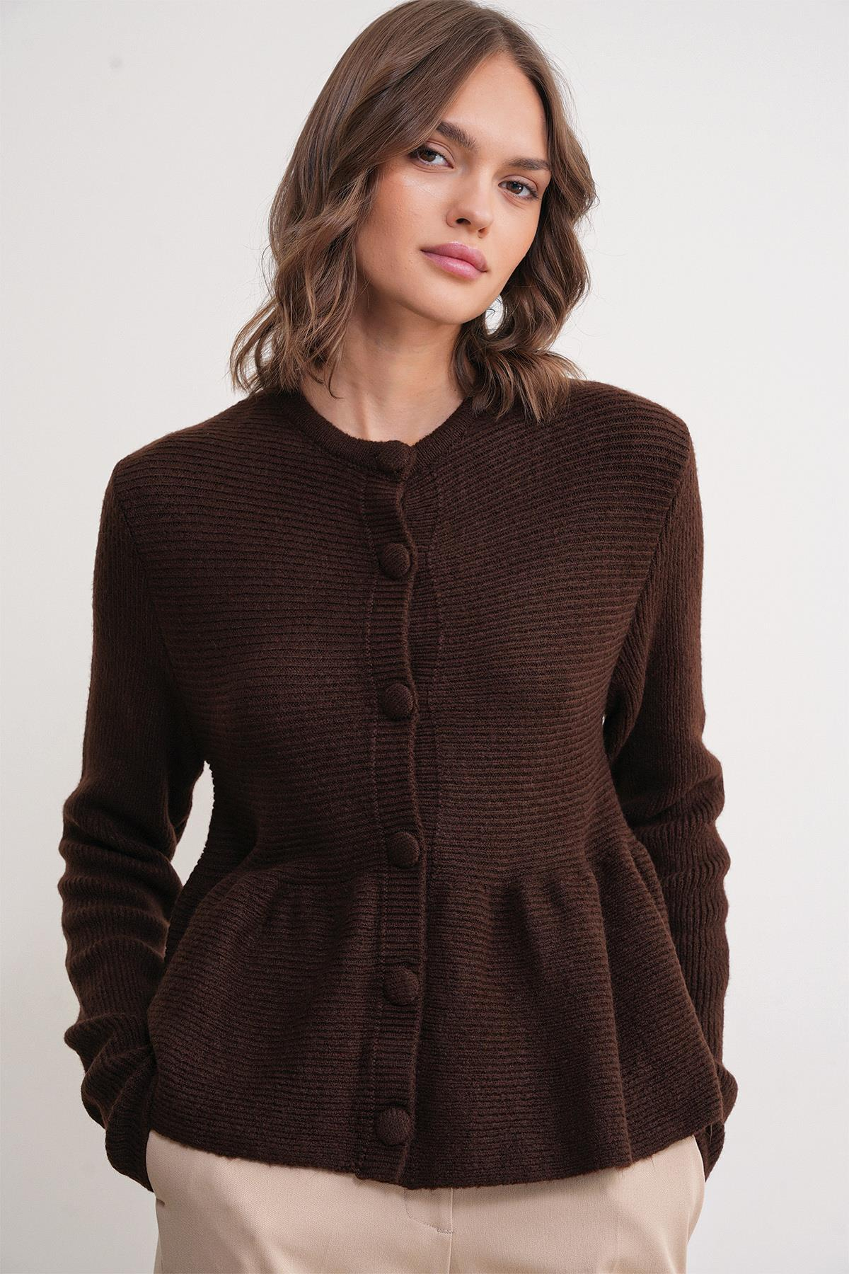 6958 Kadın Triko Peplum Hırka Kahve