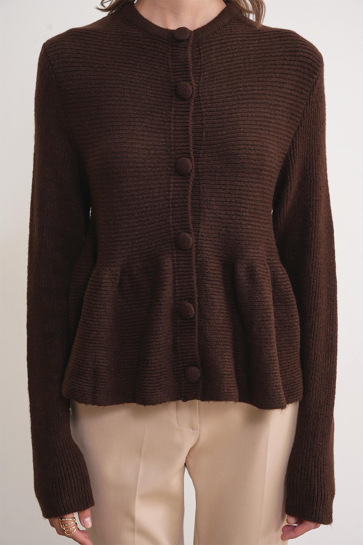 6958 Kadın Triko Peplum Hırka Kahve