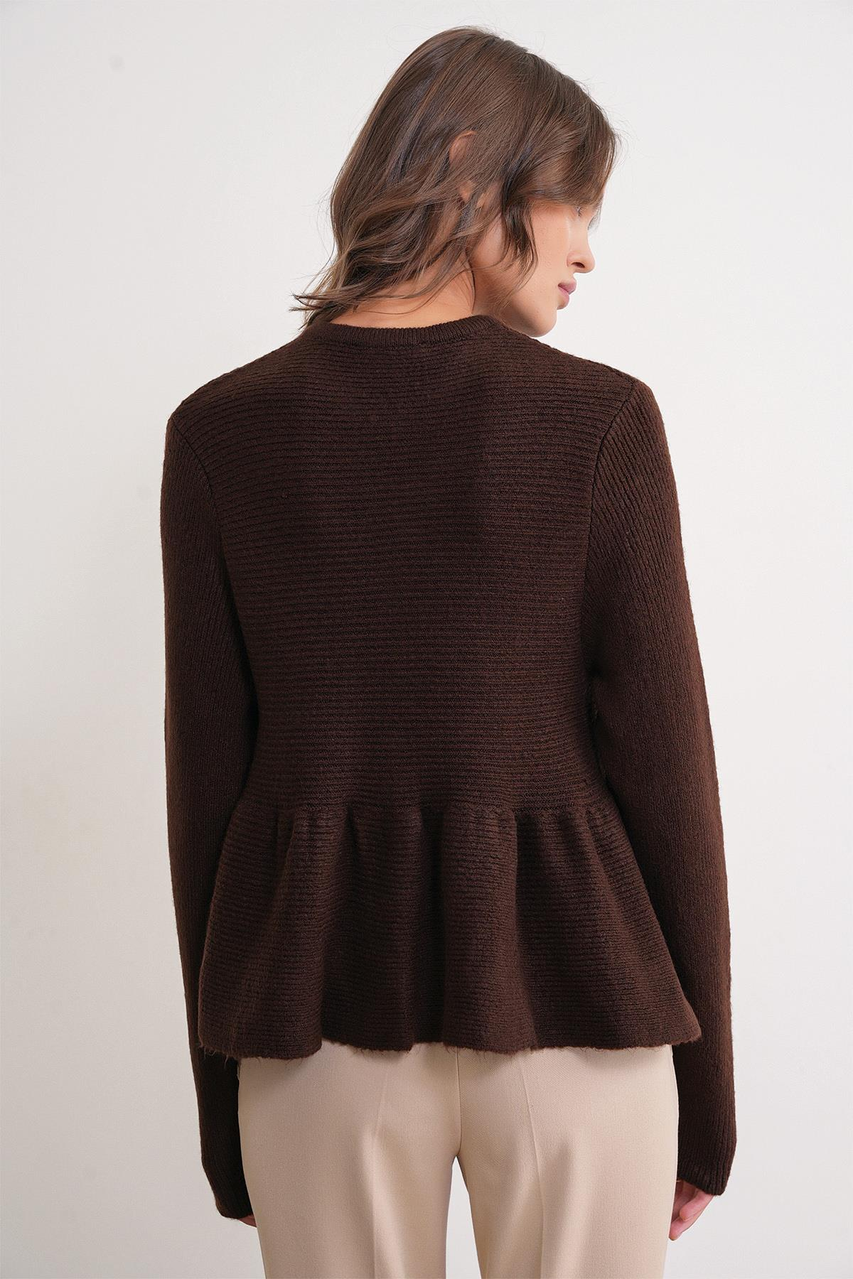 6958 Kadın Triko Peplum Hırka Kahve