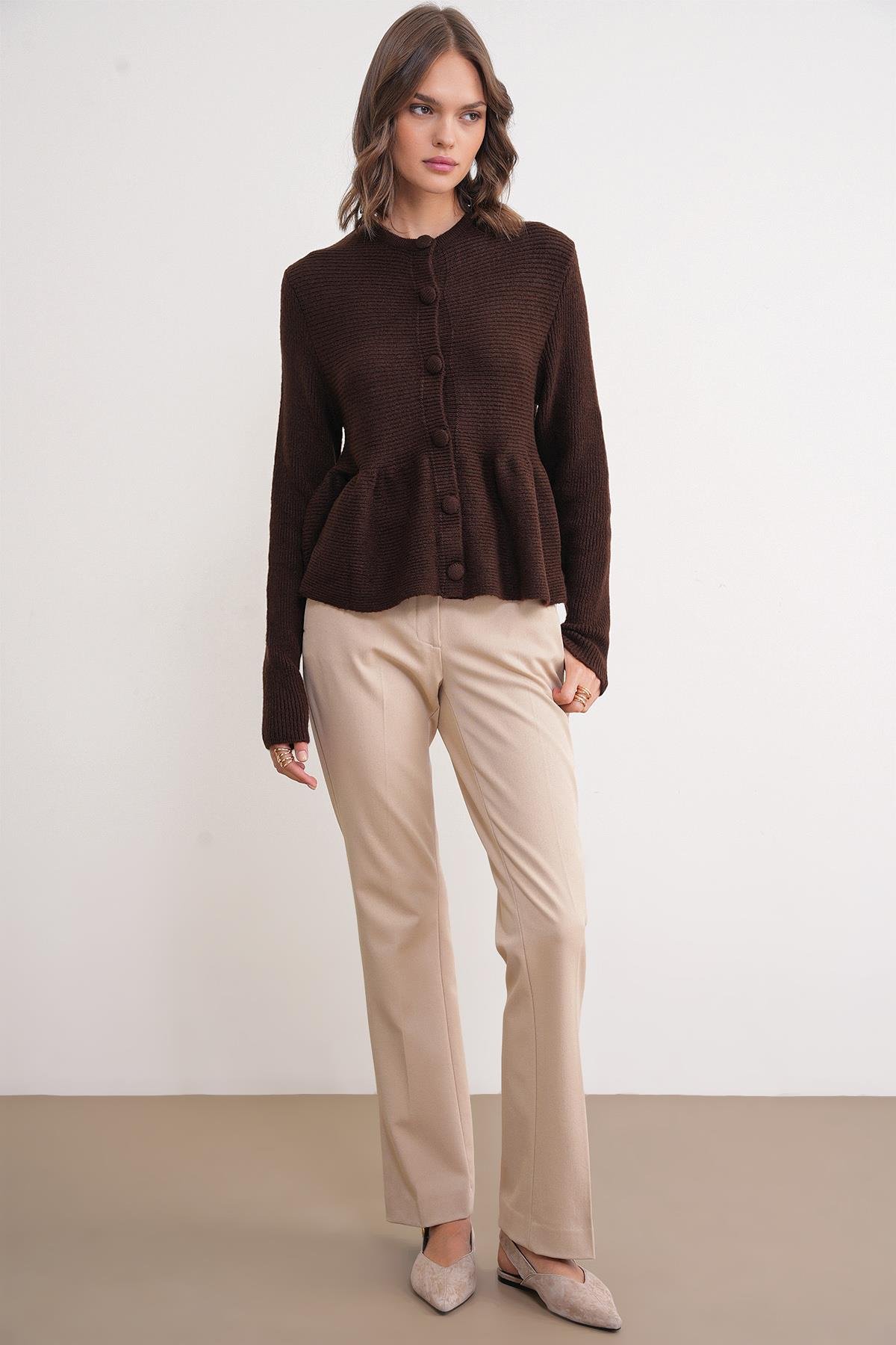 6958 Kadın Triko Peplum Hırka Kahve