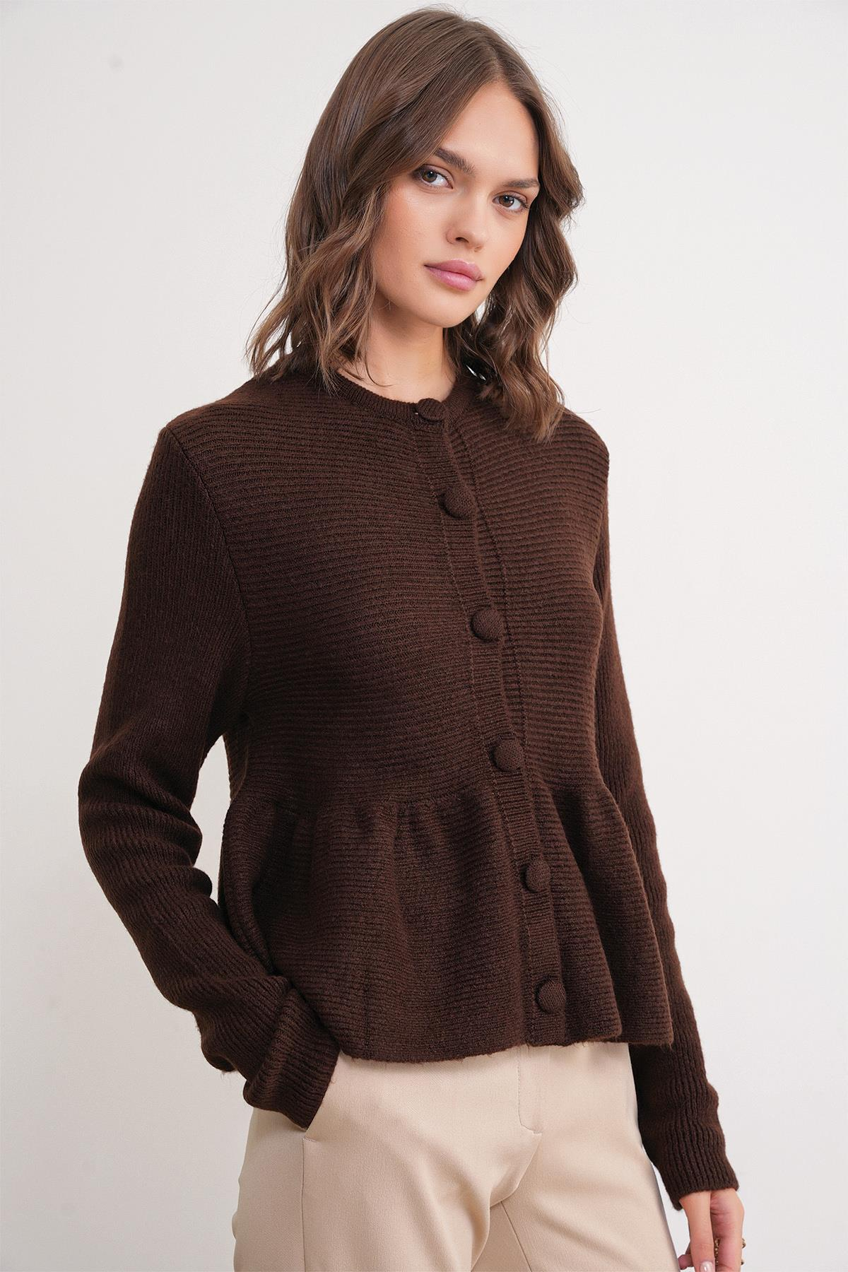 6958 Kadın Triko Peplum Hırka Kahve