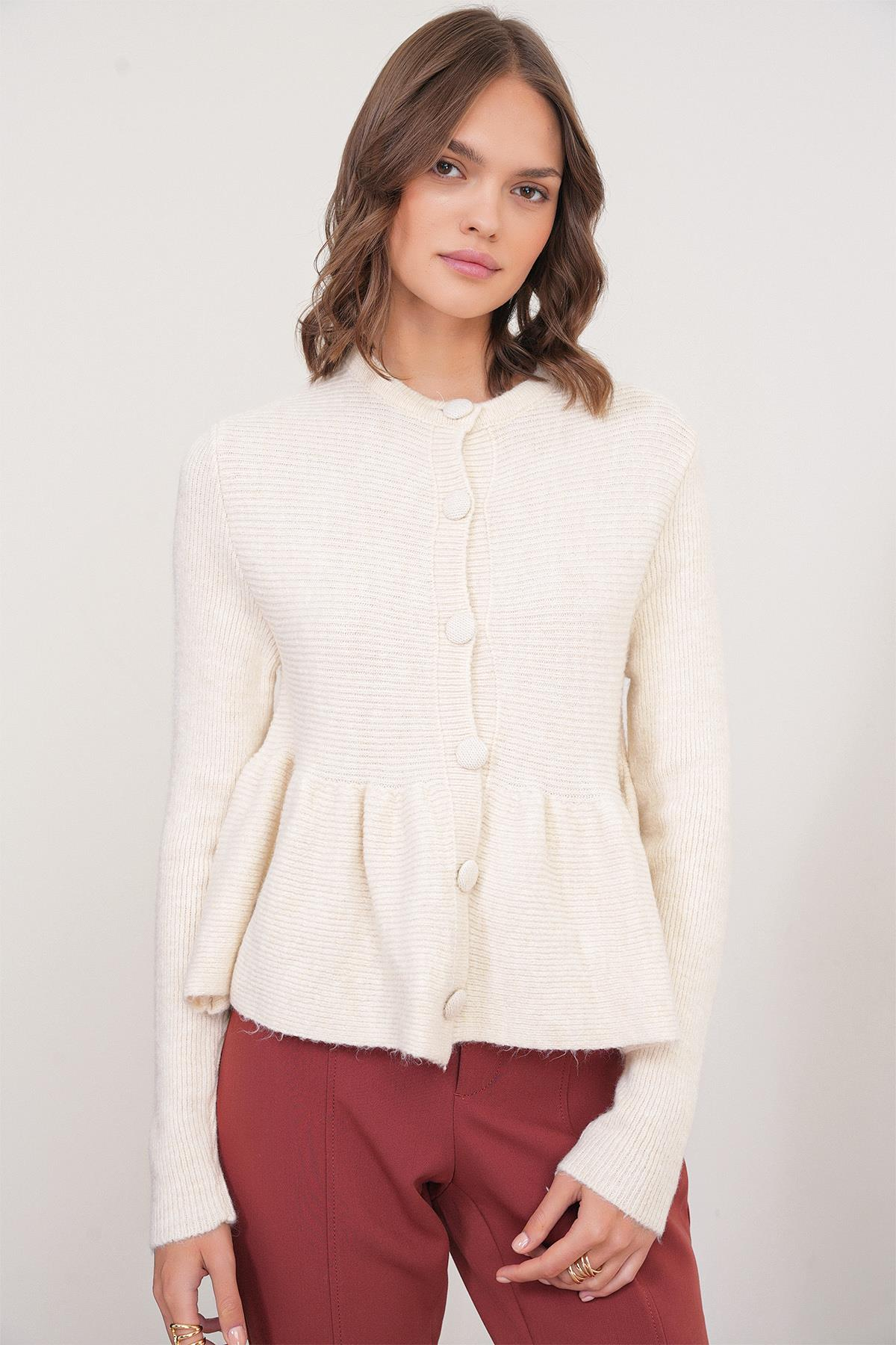 6958 Kadın Triko Peplum Hırka Naturel