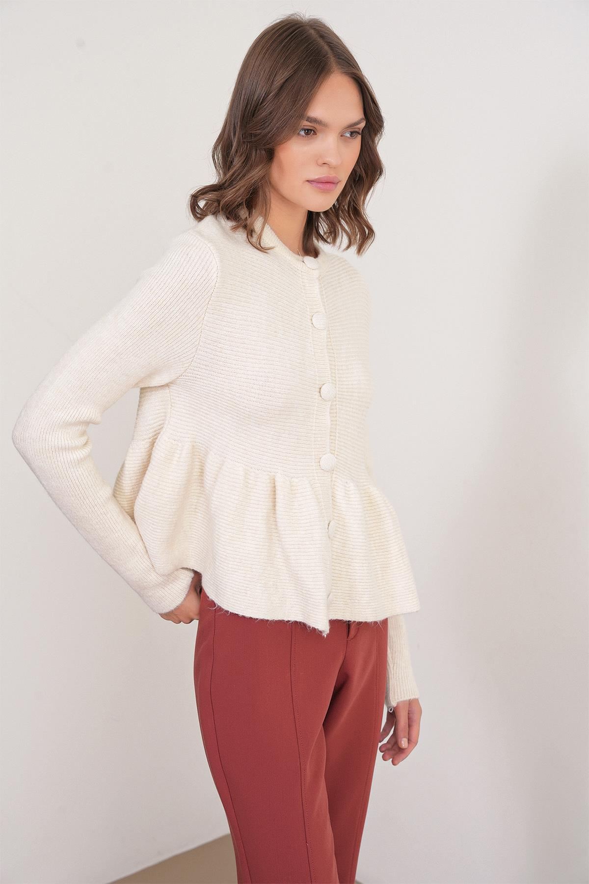 6958 Kadın Triko Peplum Hırka Naturel