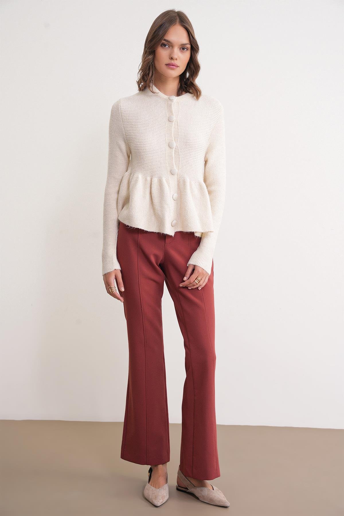 6958 Kadın Triko Peplum Hırka Naturel