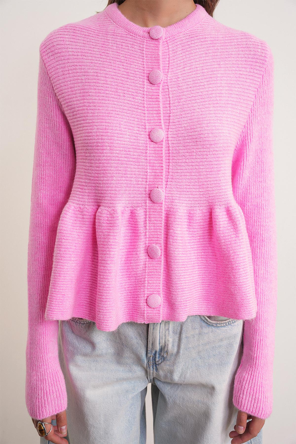 6958 Kadın Triko Peplum Hırka Pembe