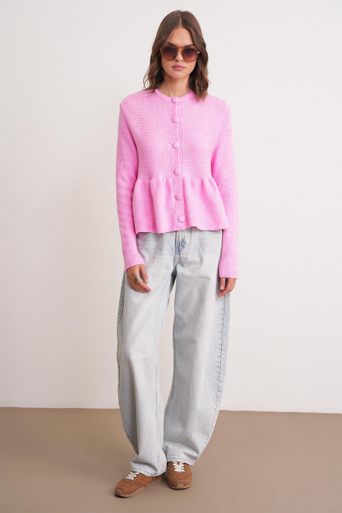 6958 Kadın Triko Peplum Hırka Pembe