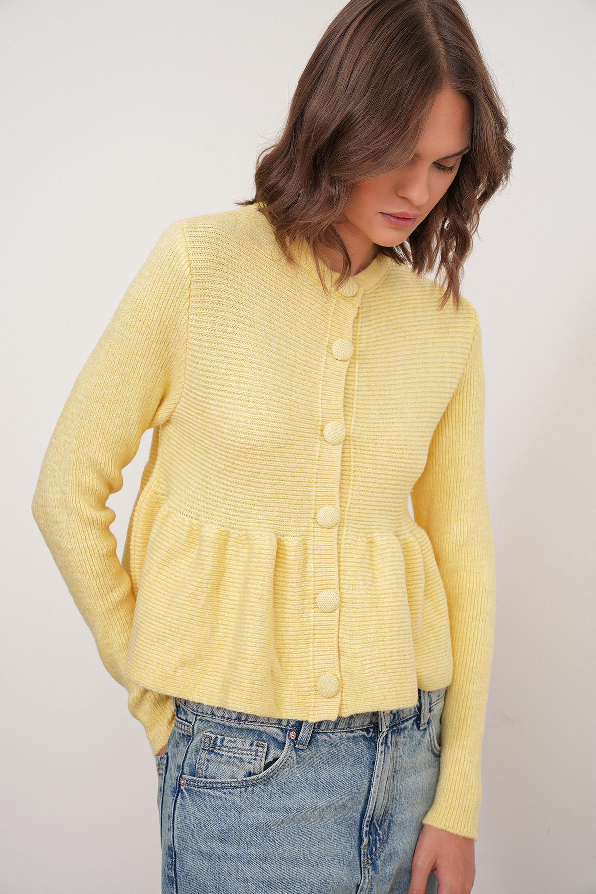 6958 Kadın Triko Peplum Hırka Sarı
