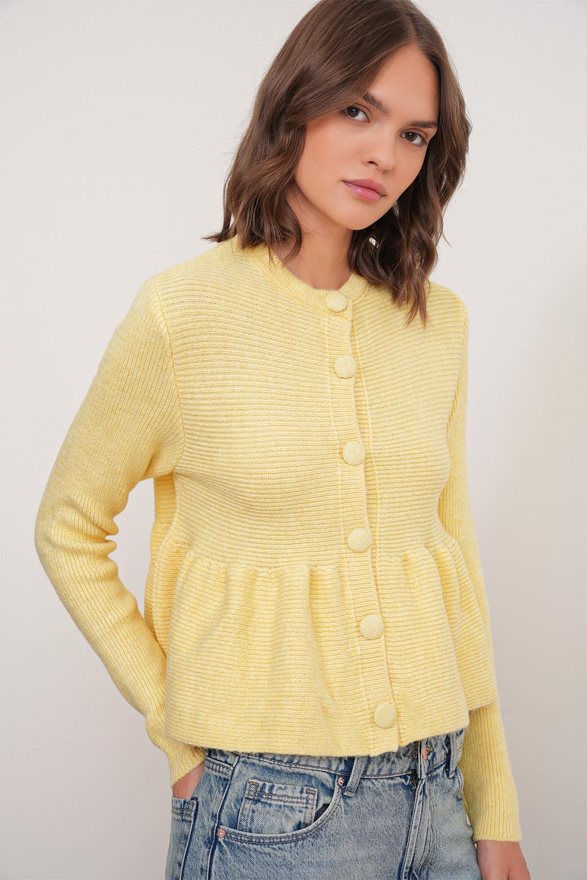 6958 Kadın Triko Peplum Hırka Sarı