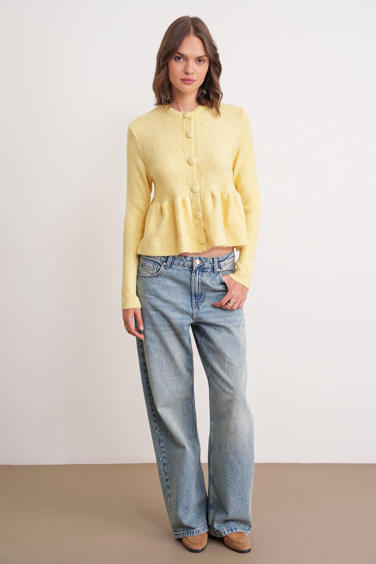 6958 Kadın Triko Peplum Hırka Sarı