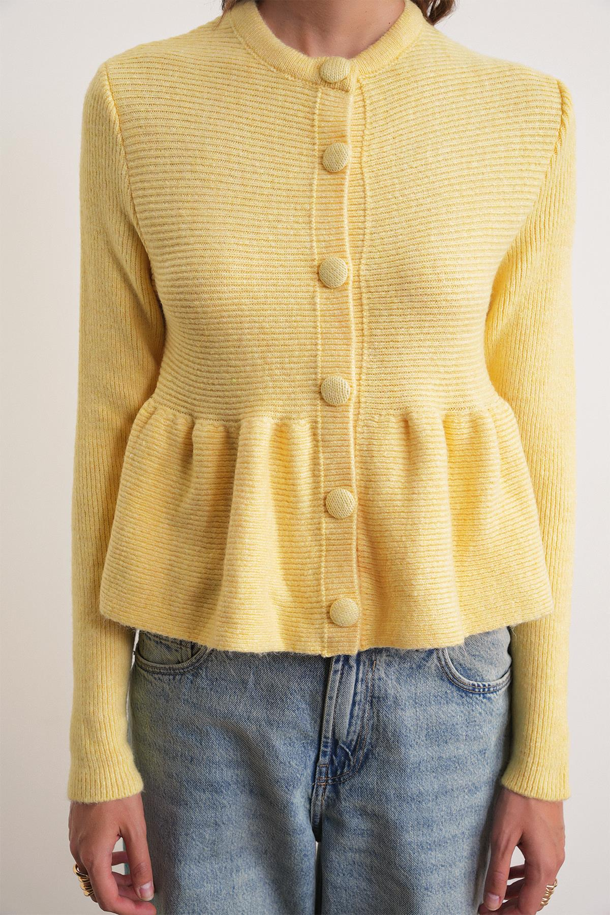 6958 Kadın Triko Peplum Hırka Sarı