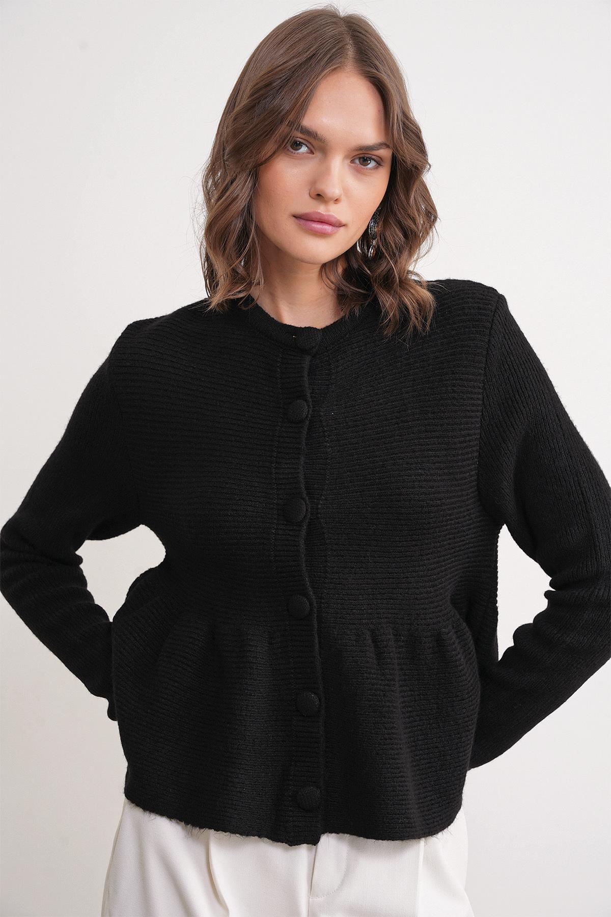 6958 Kadın Triko Peplum Hırka Siyah