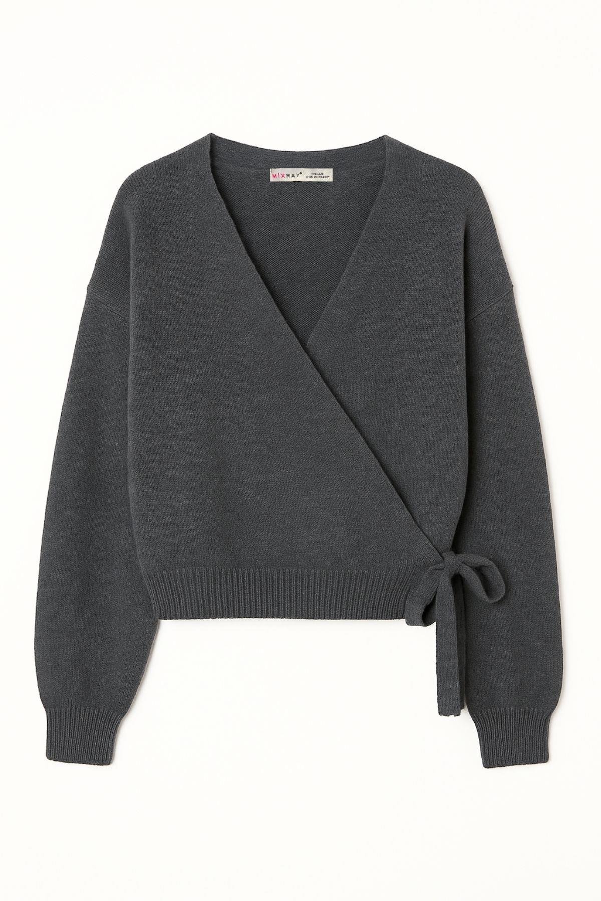 6959 Kadın Fiyonklu Triko Hırka Antrasit