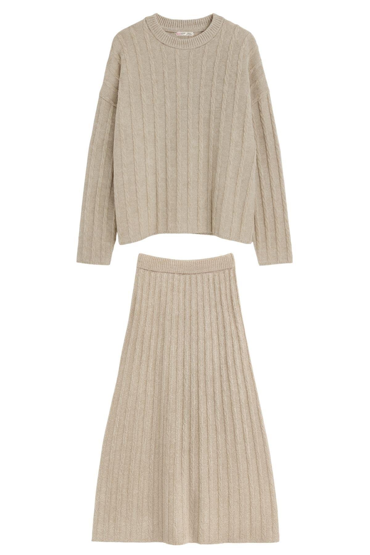 6960 Kadın Saç Örgülü Yumuşak Dokulu Triko Alt Üst Takım Bej