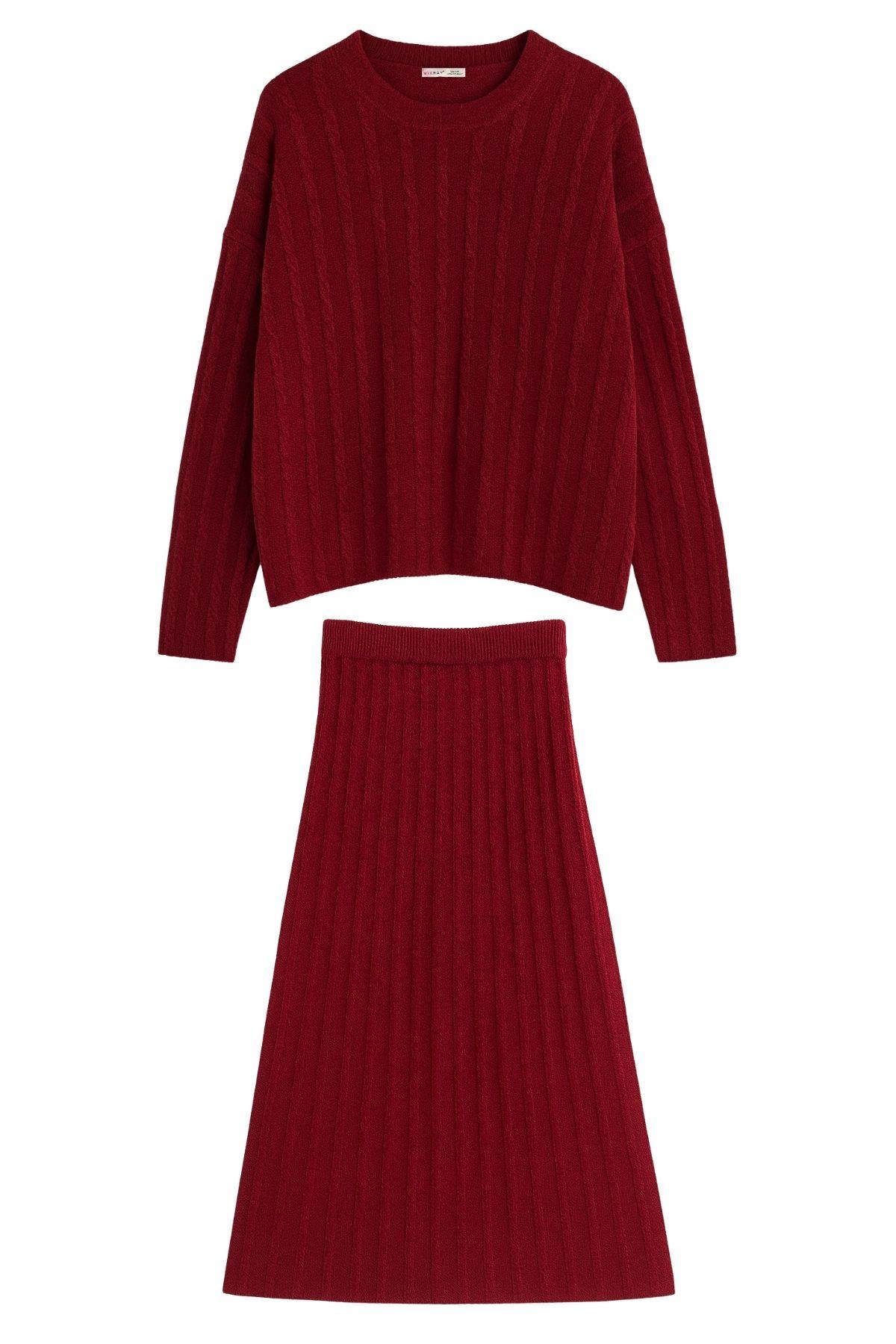 6960 Kadın Saç Örgülü Yumuşak Dokulu Triko Alt Üst Takım Bordo