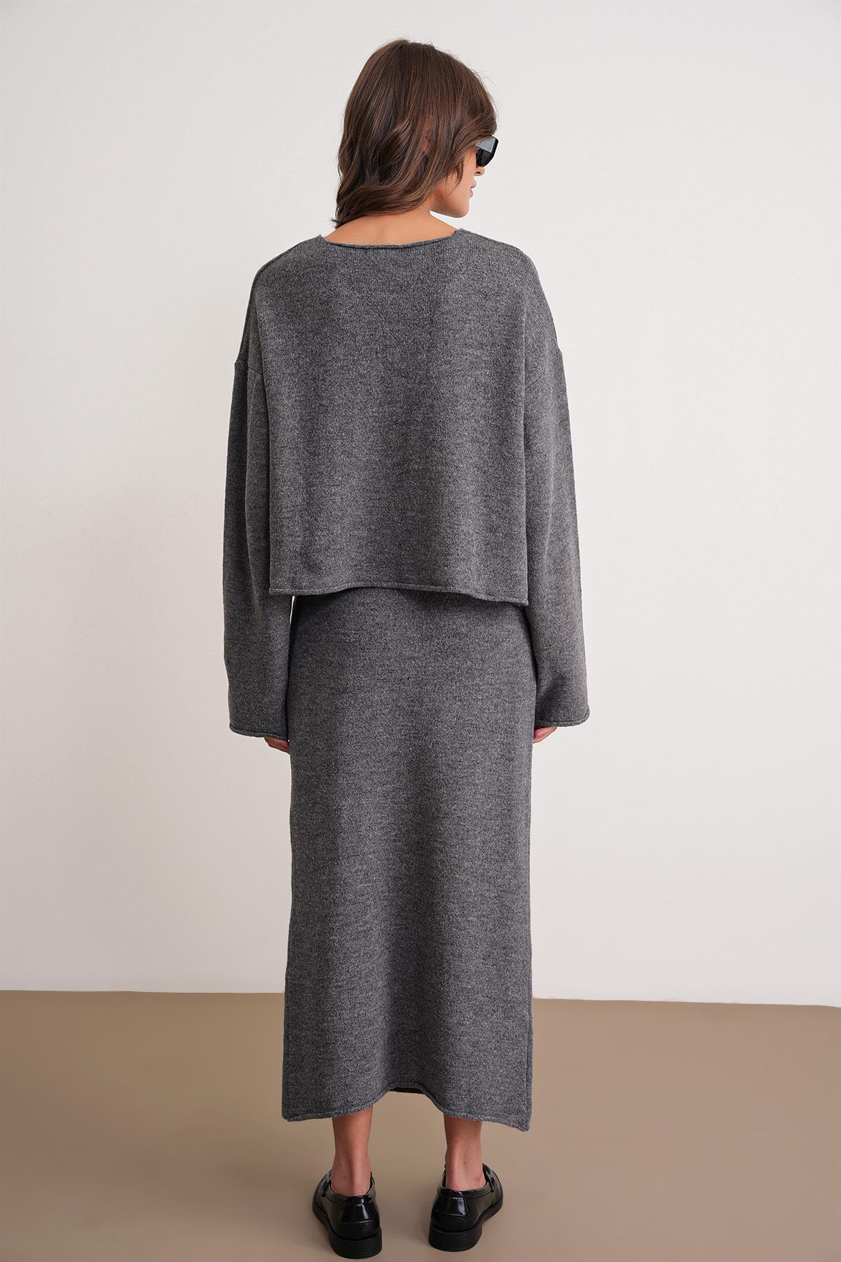 6961 Kadın Triko Kazak Etek Takım Antrasit