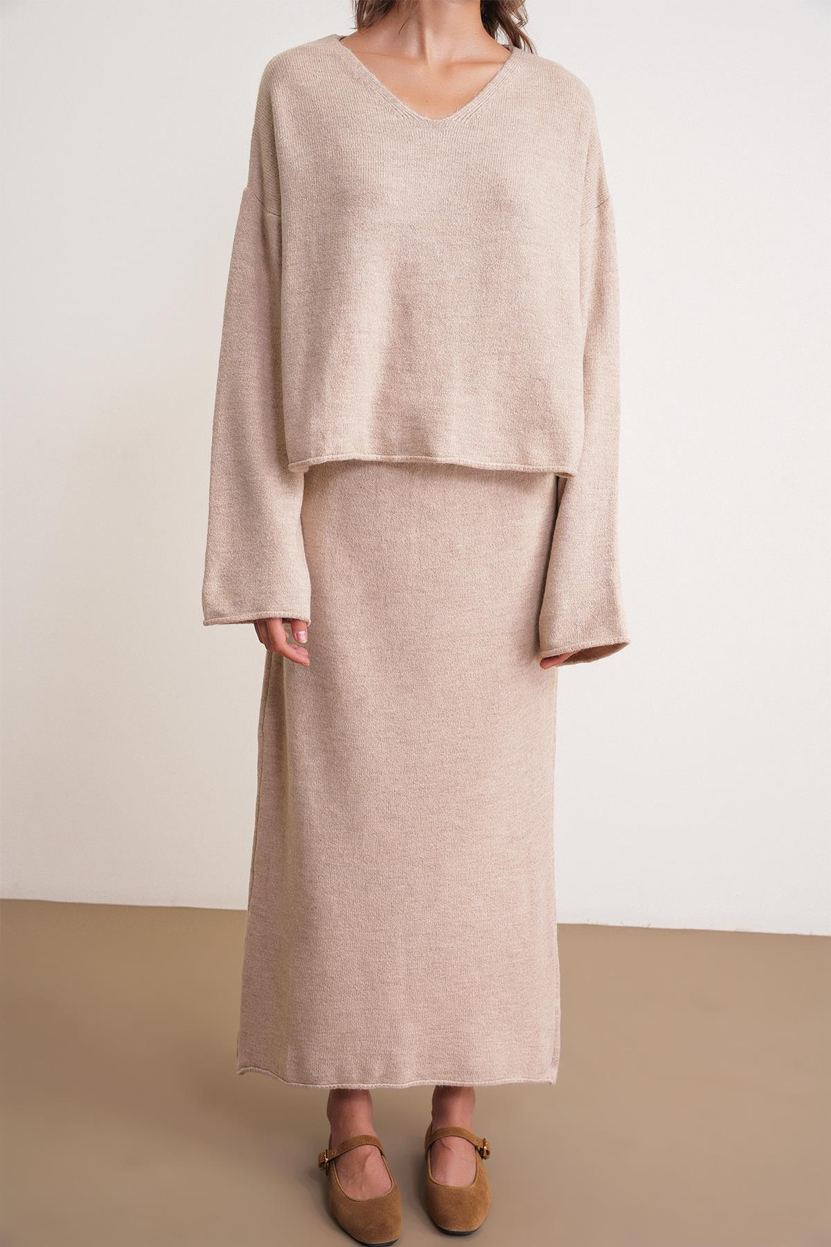 6961 Kadın Triko Kazak Etek Takım Bej