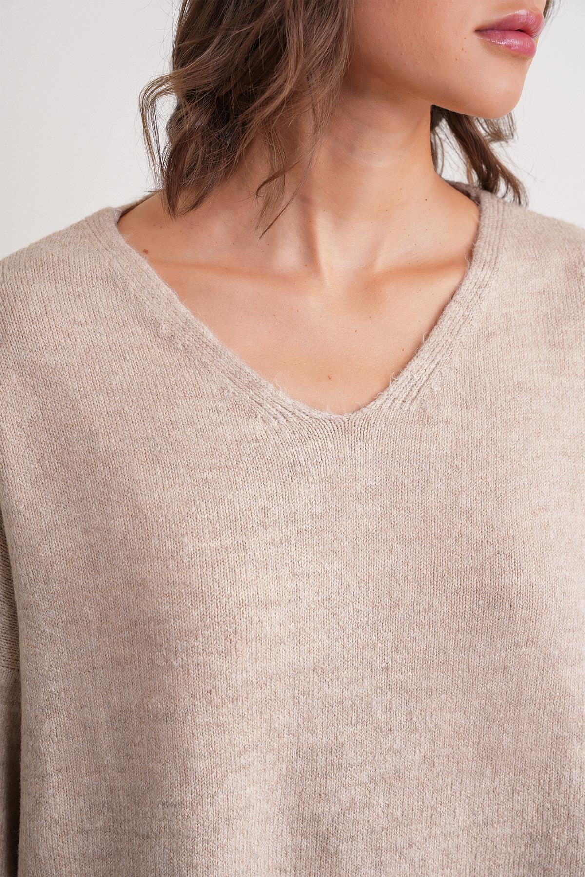 6961 Kadın Triko Kazak Etek Takım Bej