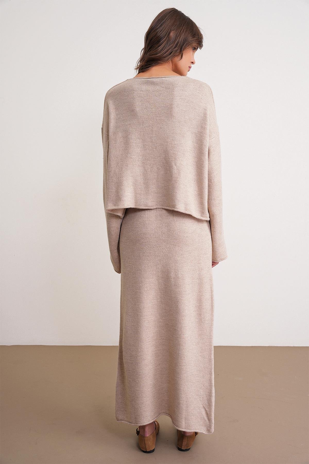 6961 Kadın Triko Kazak Etek Takım Bej