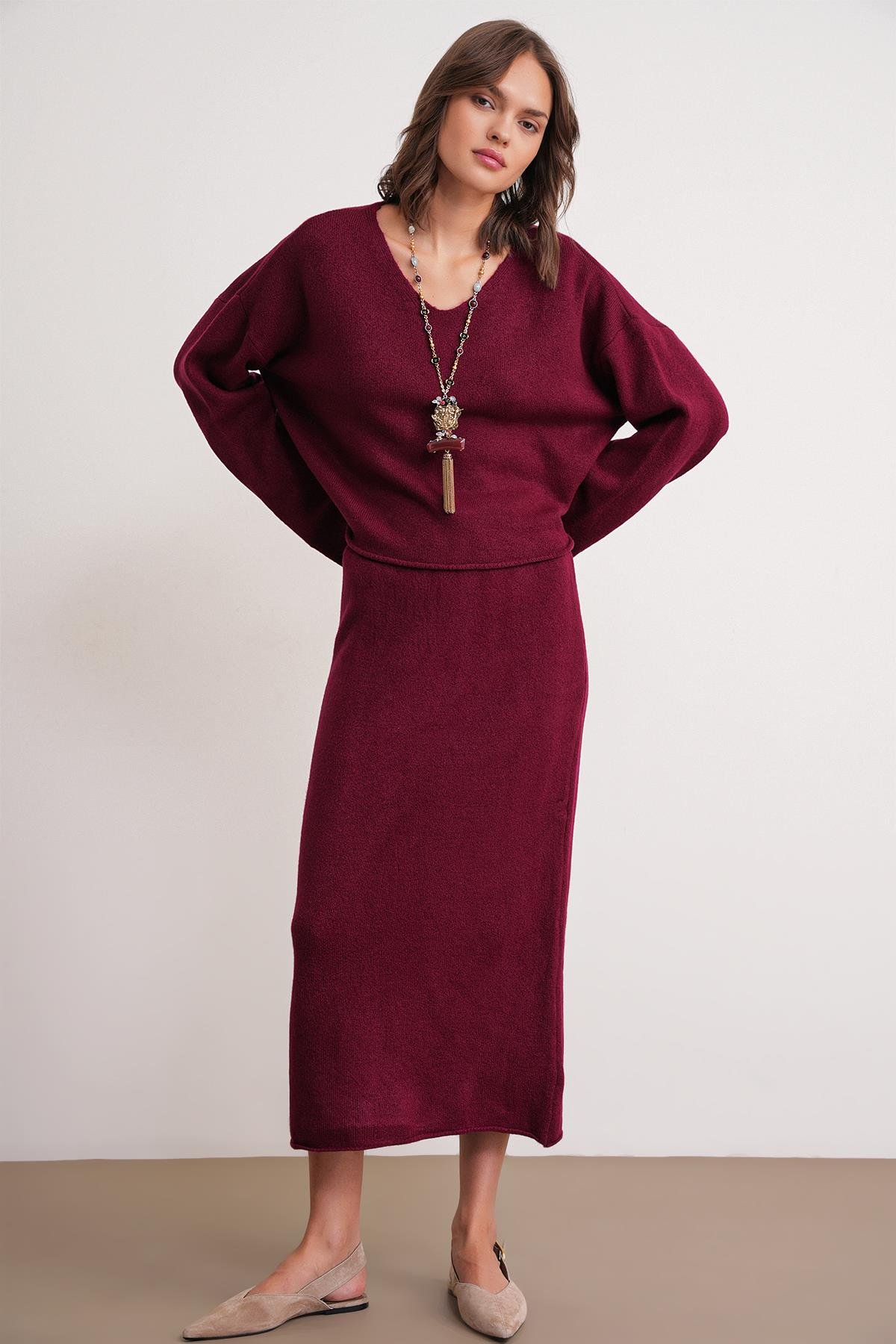 6961 Kadın Triko Kazak Etek Takım Bordo