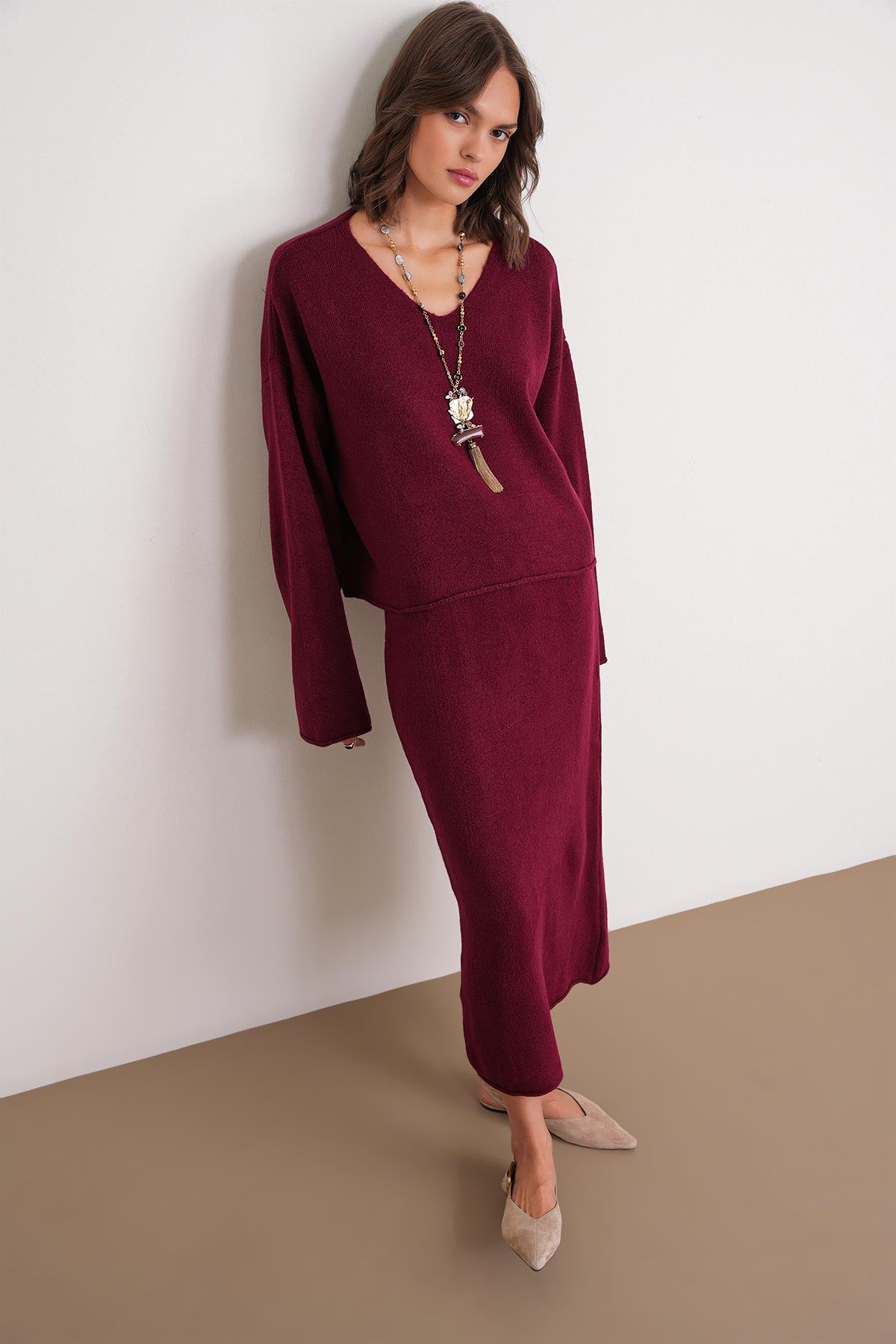 6961 Kadın Triko Kazak Etek Takım Bordo