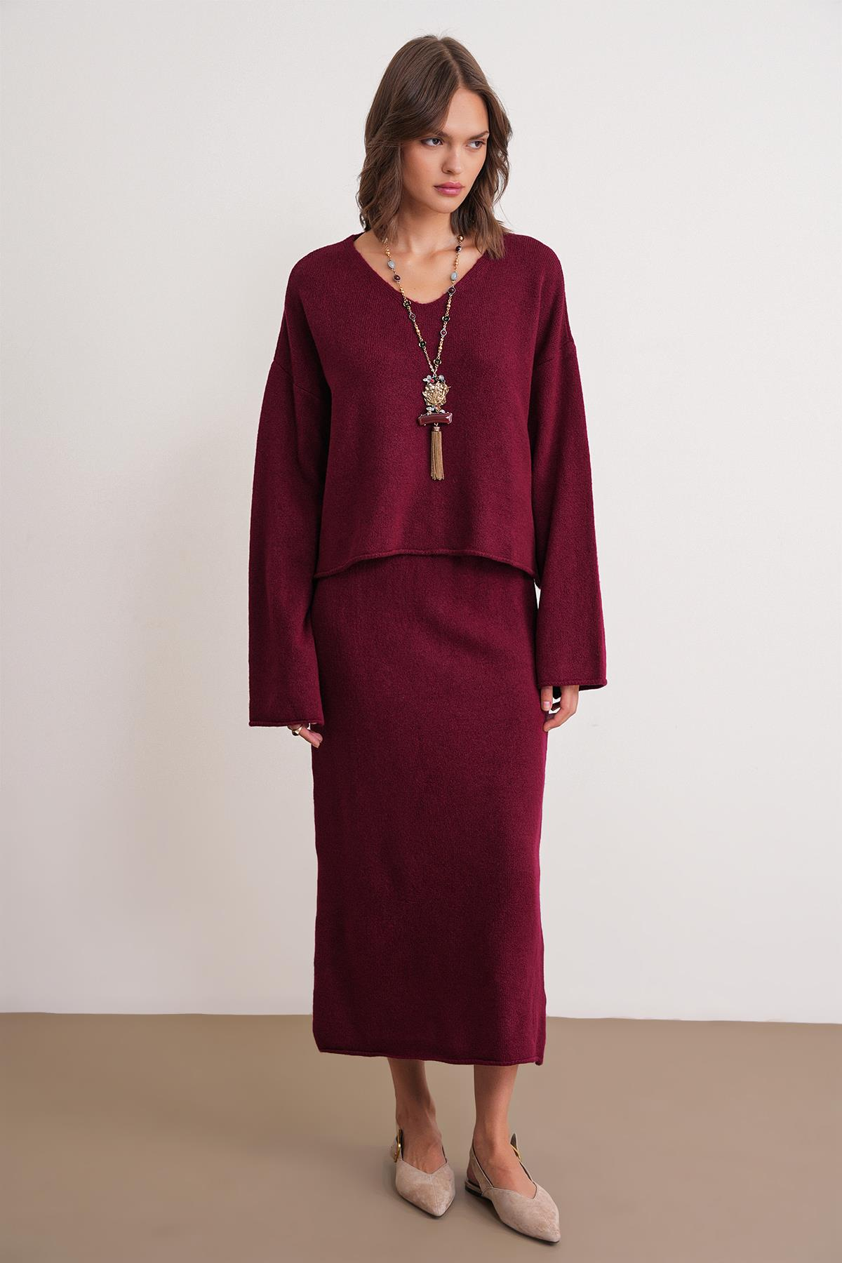 6961 Kadın Triko Kazak Etek Takım Bordo