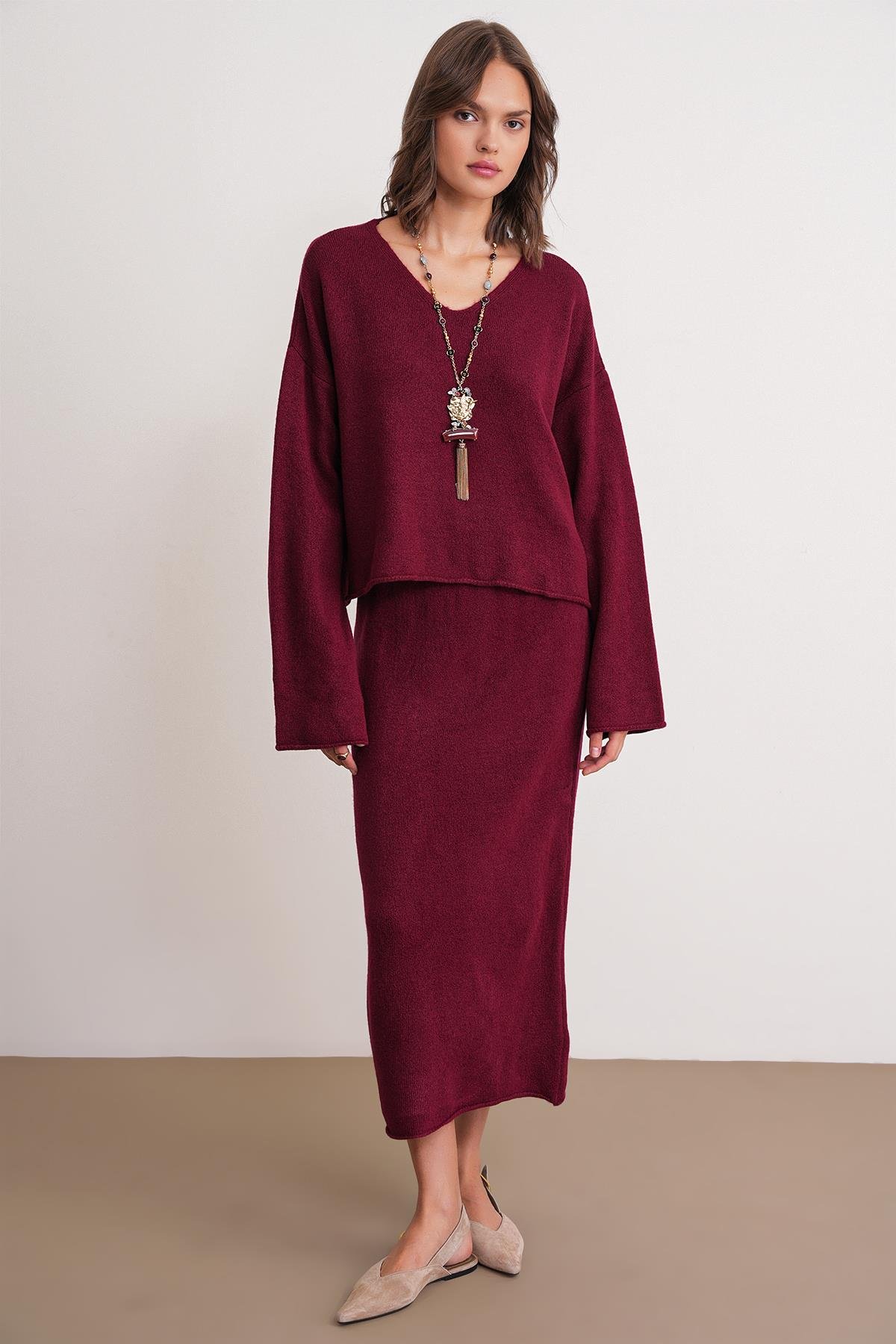 6961 Kadın Triko Kazak Etek Takım Bordo