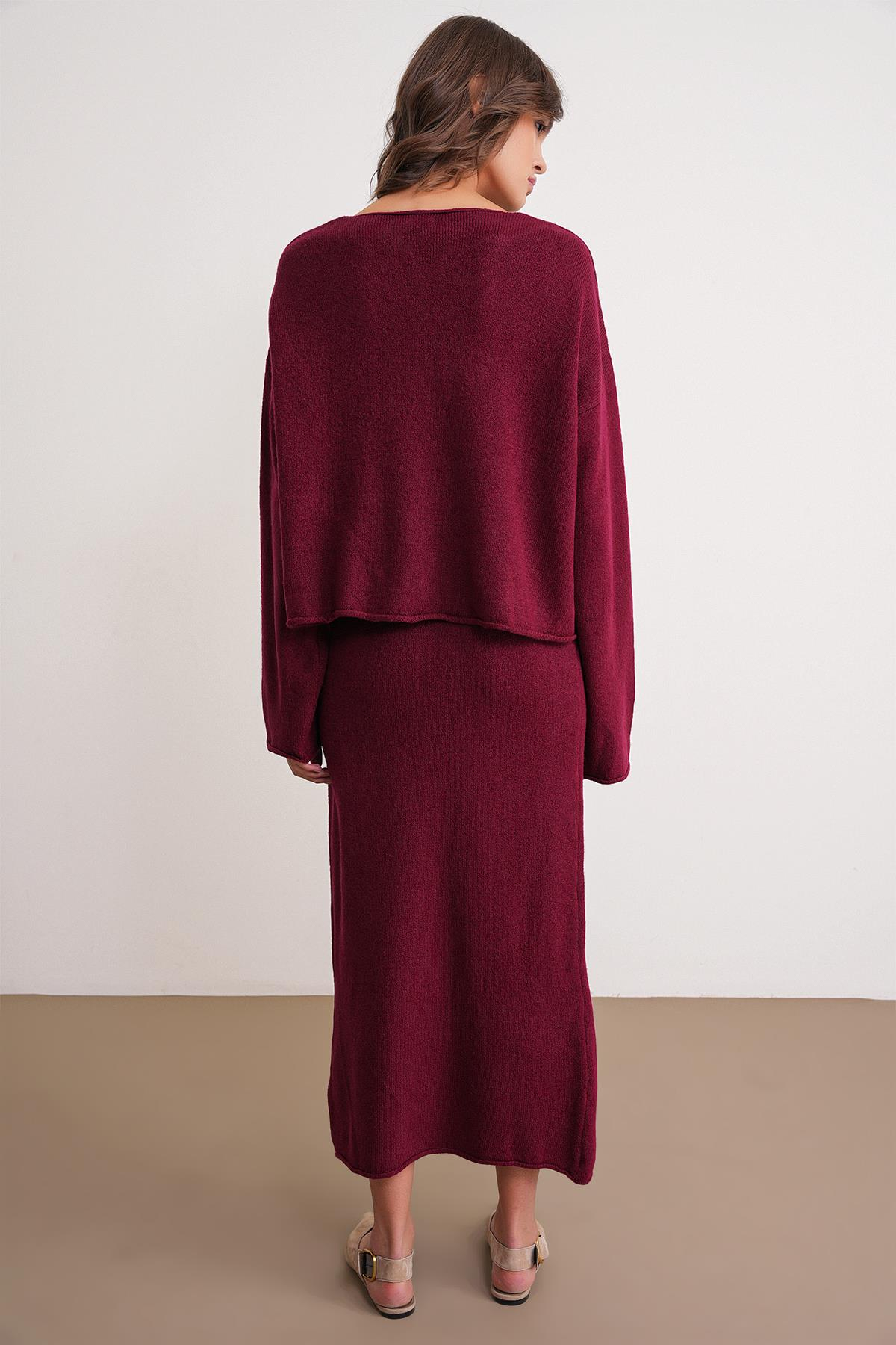 6961 Kadın Triko Kazak Etek Takım Bordo