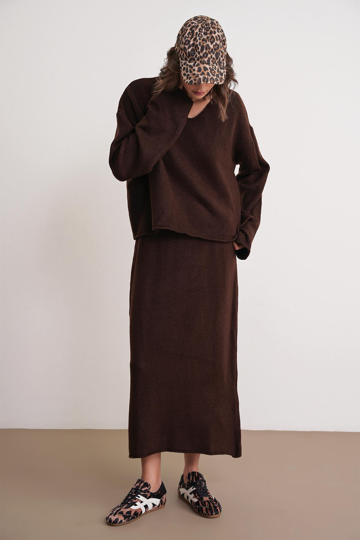 6961 Kadın Triko Kazak Etek Takım Kahve