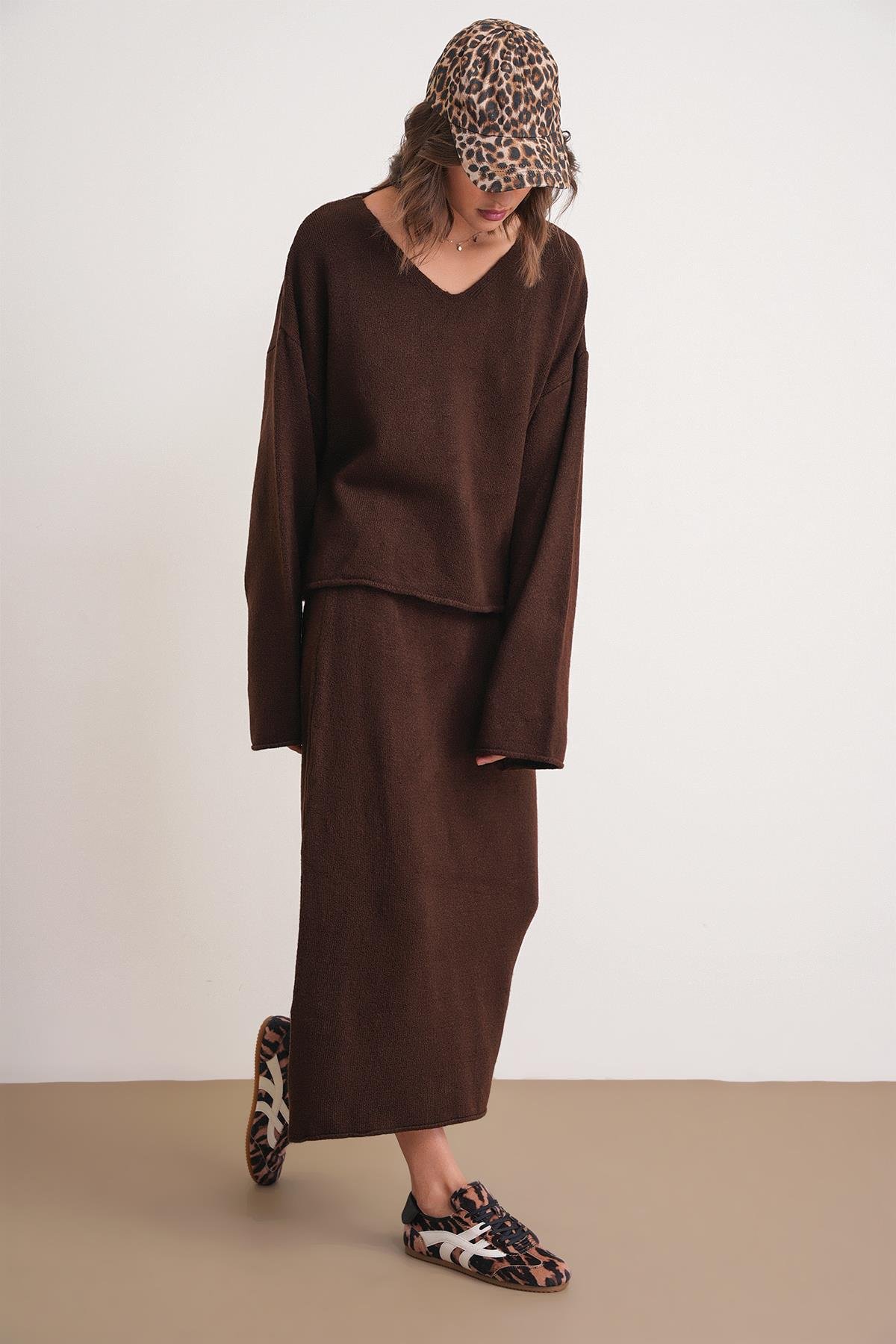 6961 Kadın Triko Kazak Etek Takım Kahve