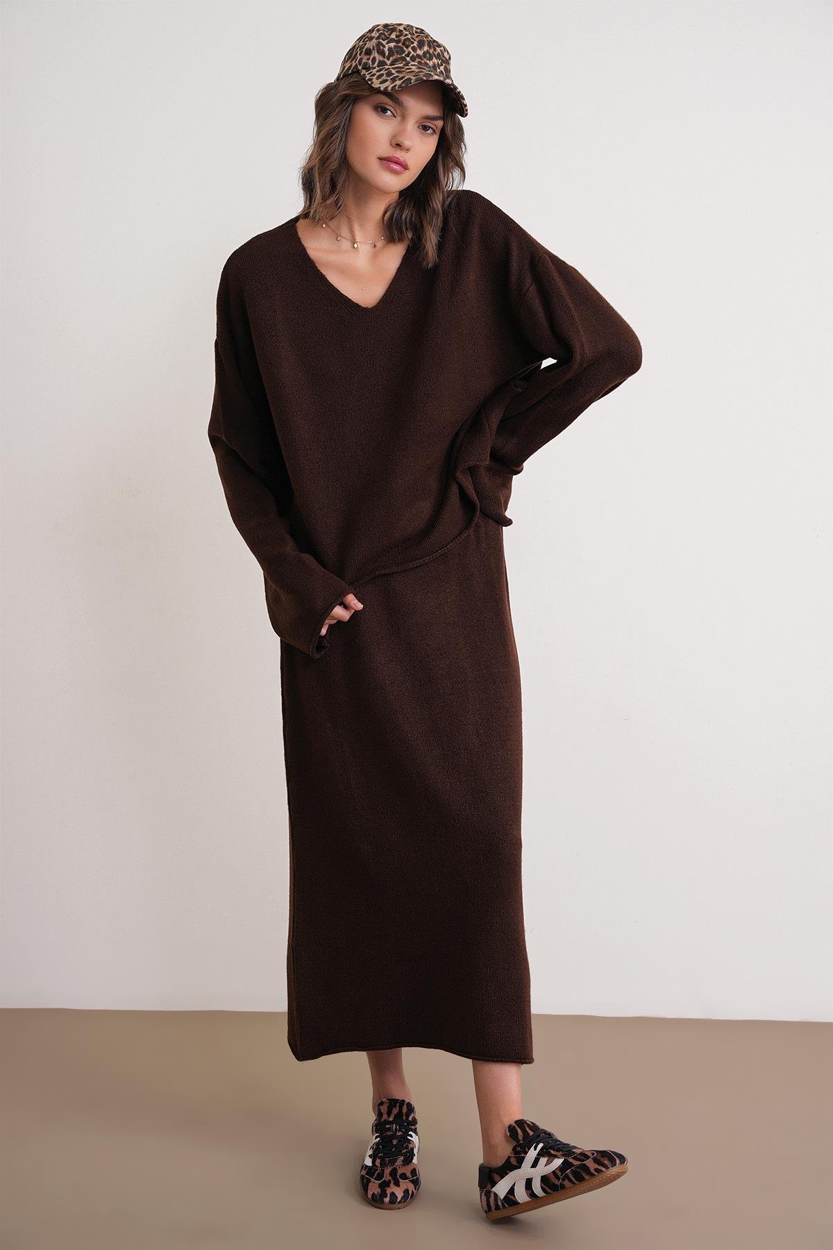 6961 Kadın Triko Kazak Etek Takım Kahve