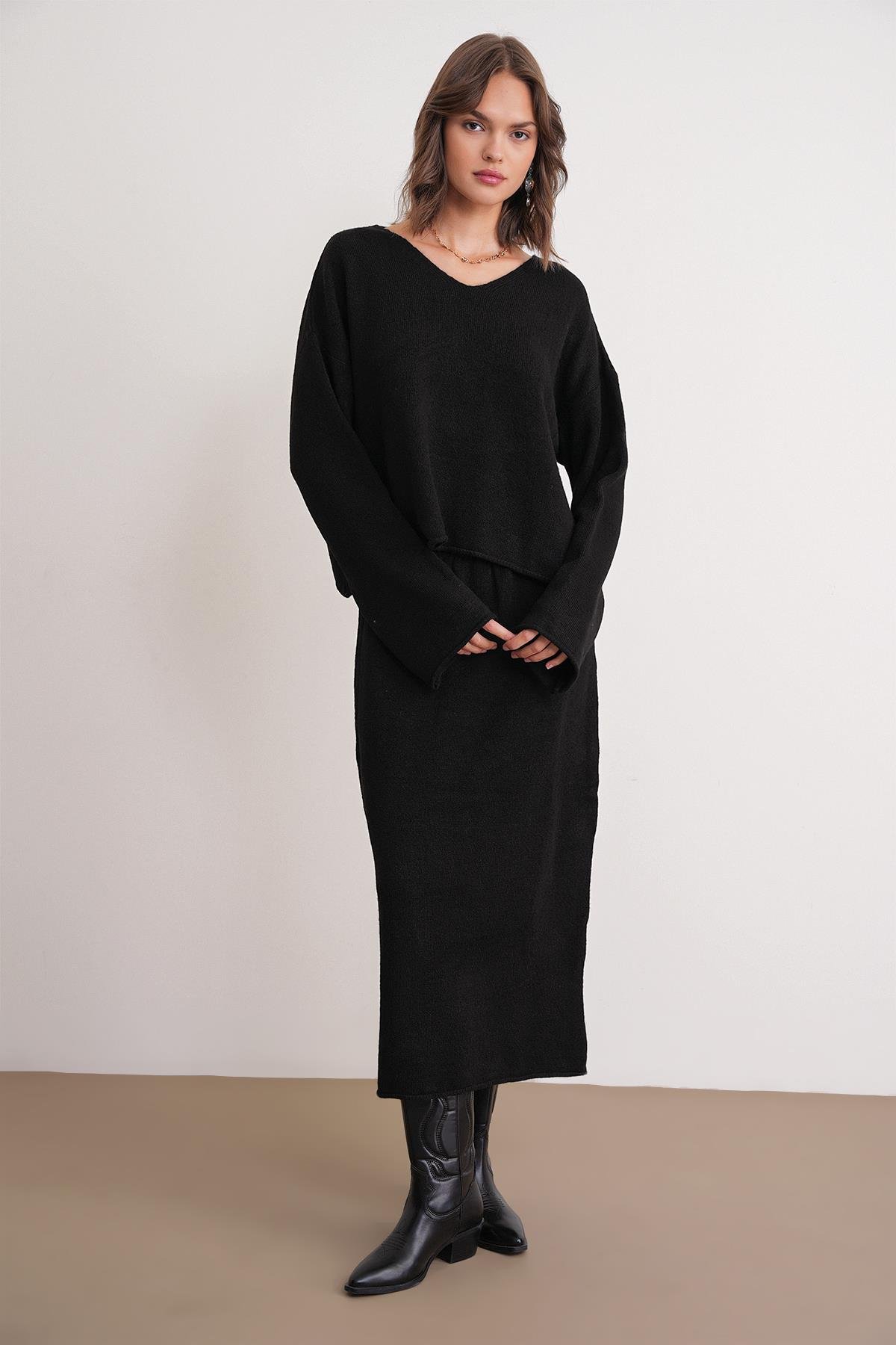 6961 Kadın Triko Kazak Etek Takım Siyah