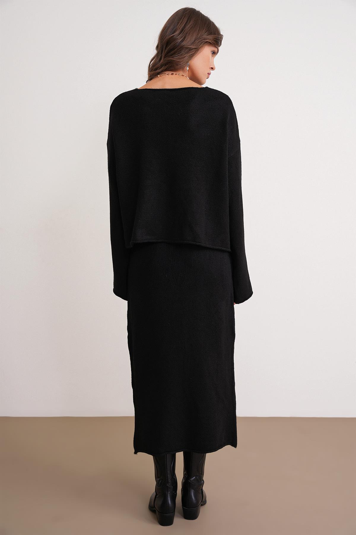 6961 Kadın Triko Kazak Etek Takım Siyah