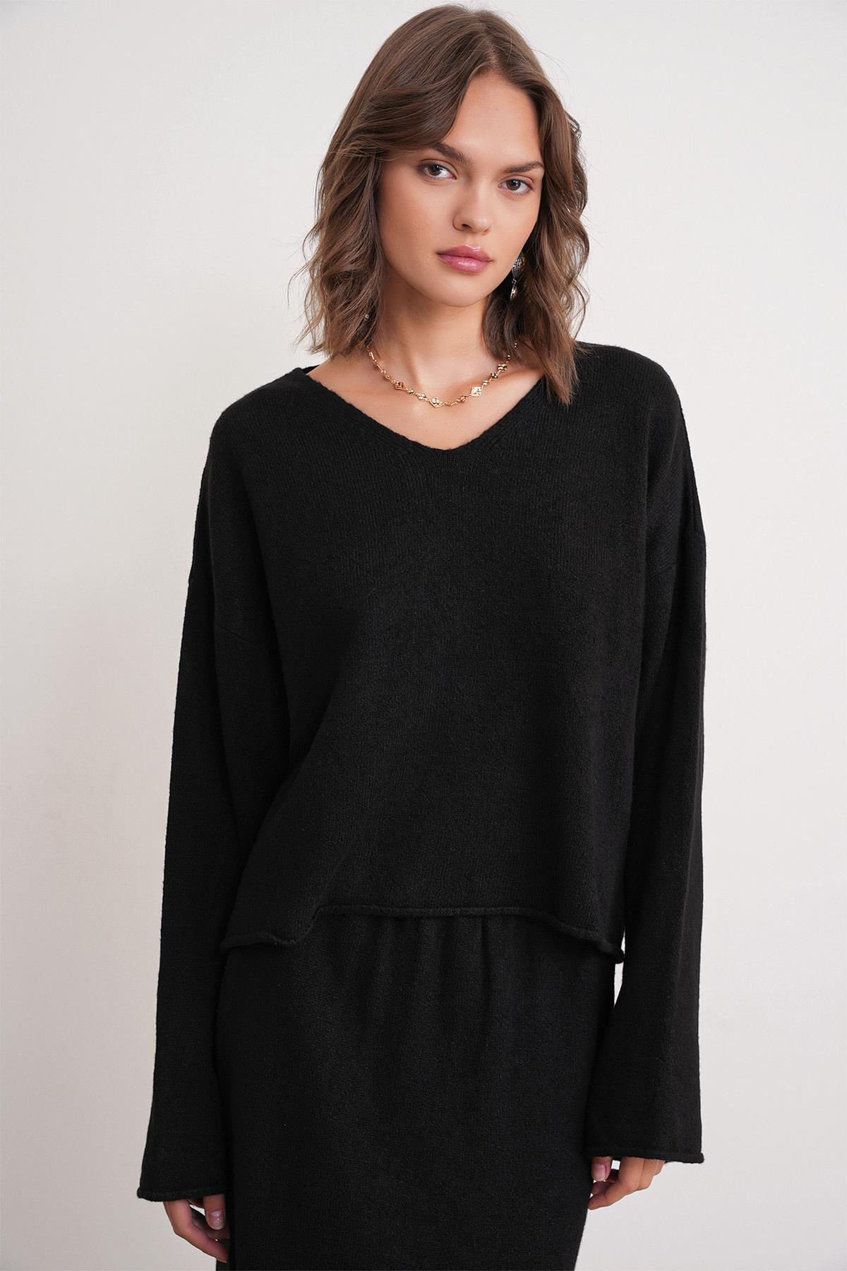 6961 Kadın Triko Kazak Etek Takım Siyah