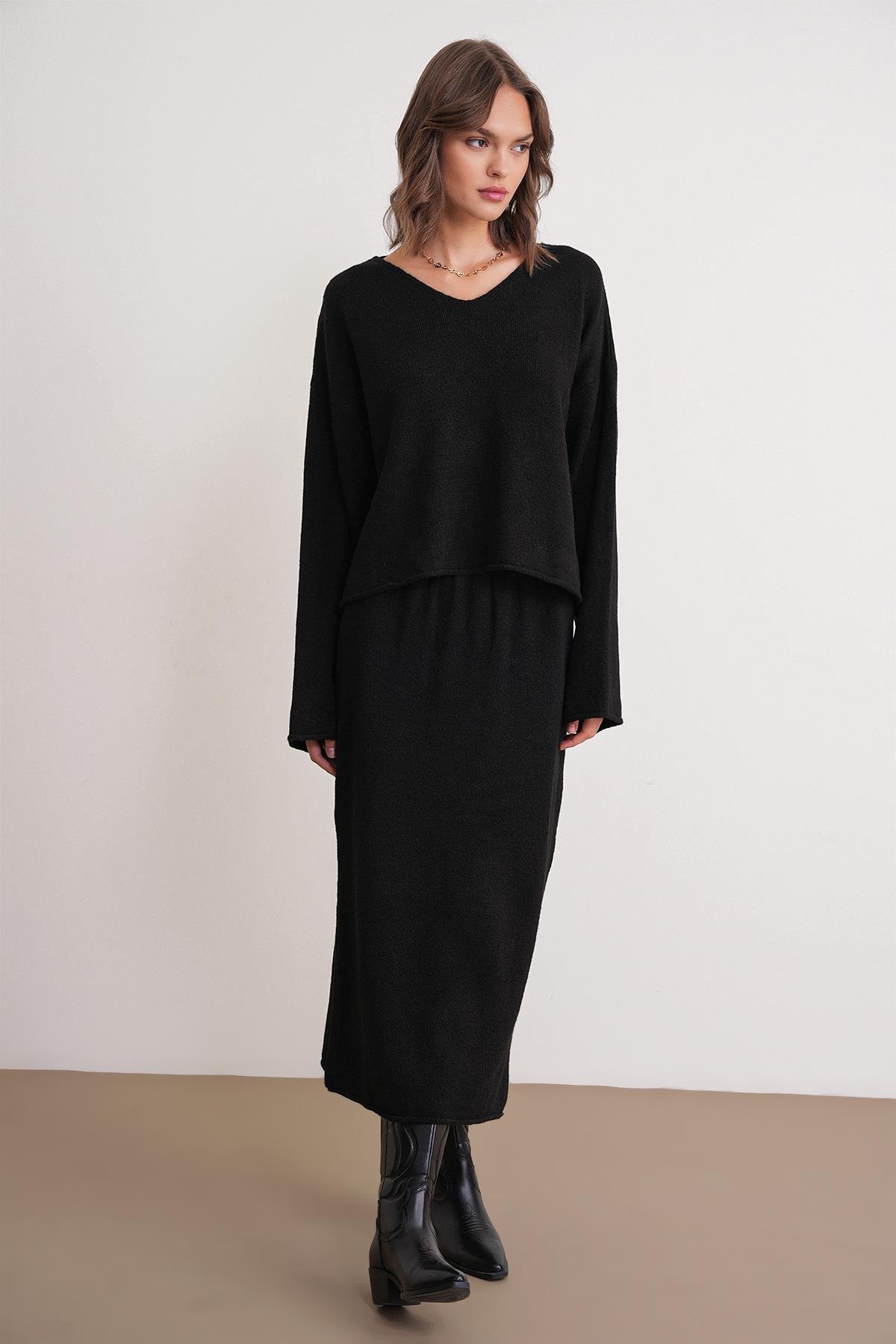 6961 Kadın Triko Kazak Etek Takım Siyah