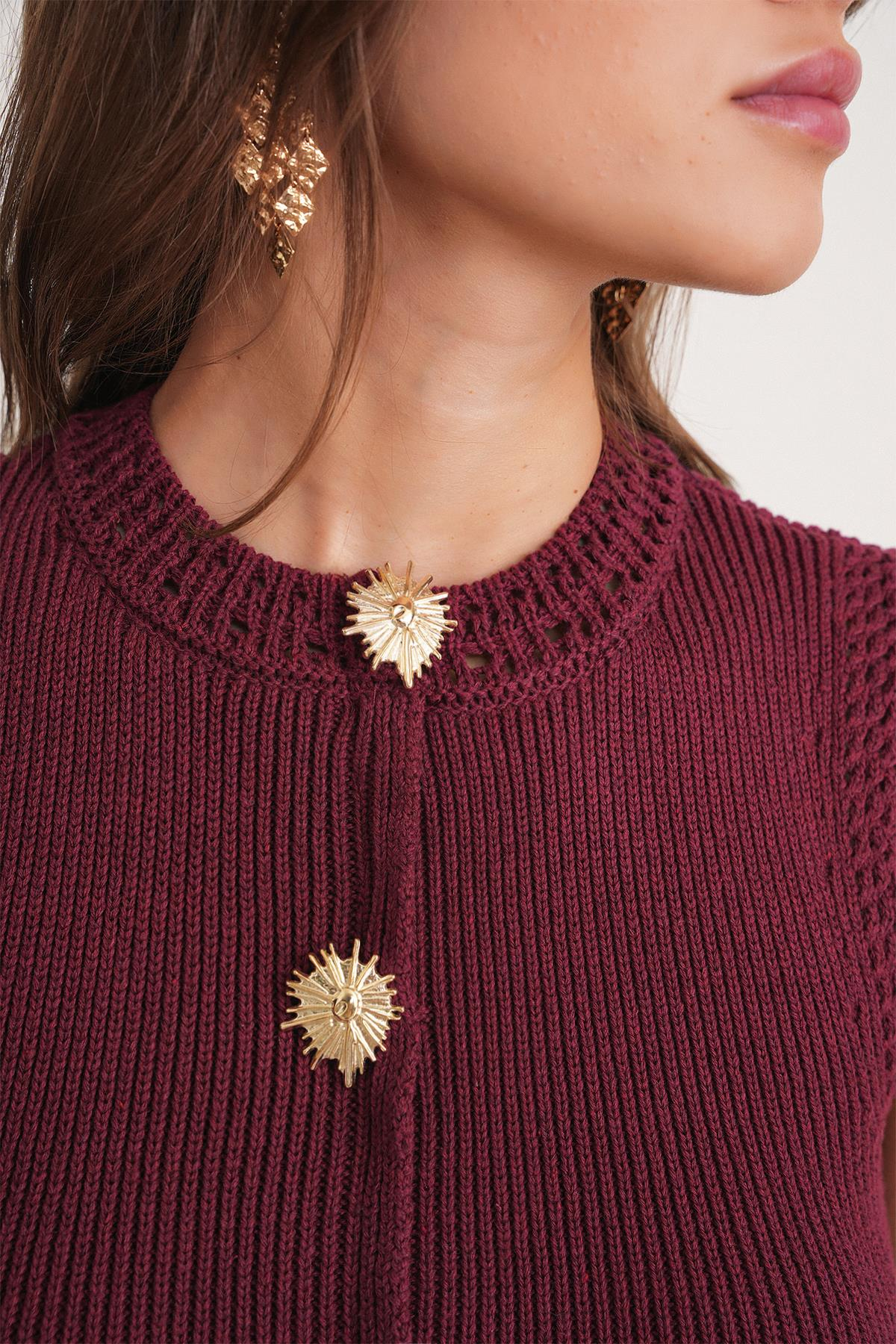 6962 Kadın Gold Düğmeli Triko Yelek Bordo